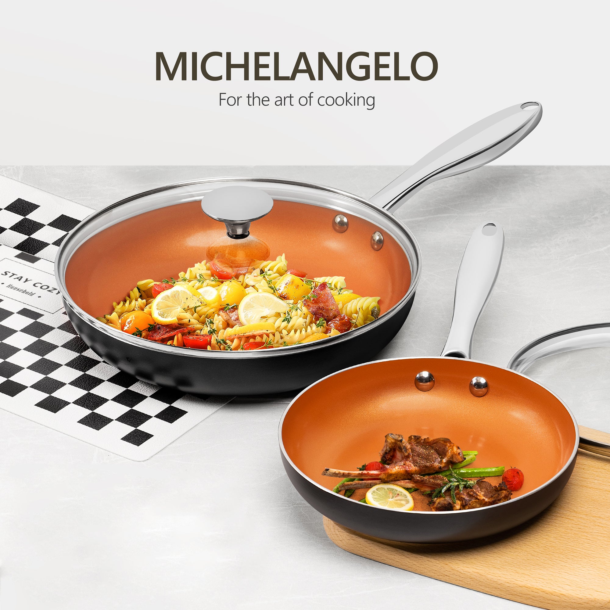 MICHELANGELO Copper Frying Pan Set with Lid, 8" & 10" Frying Pan Set