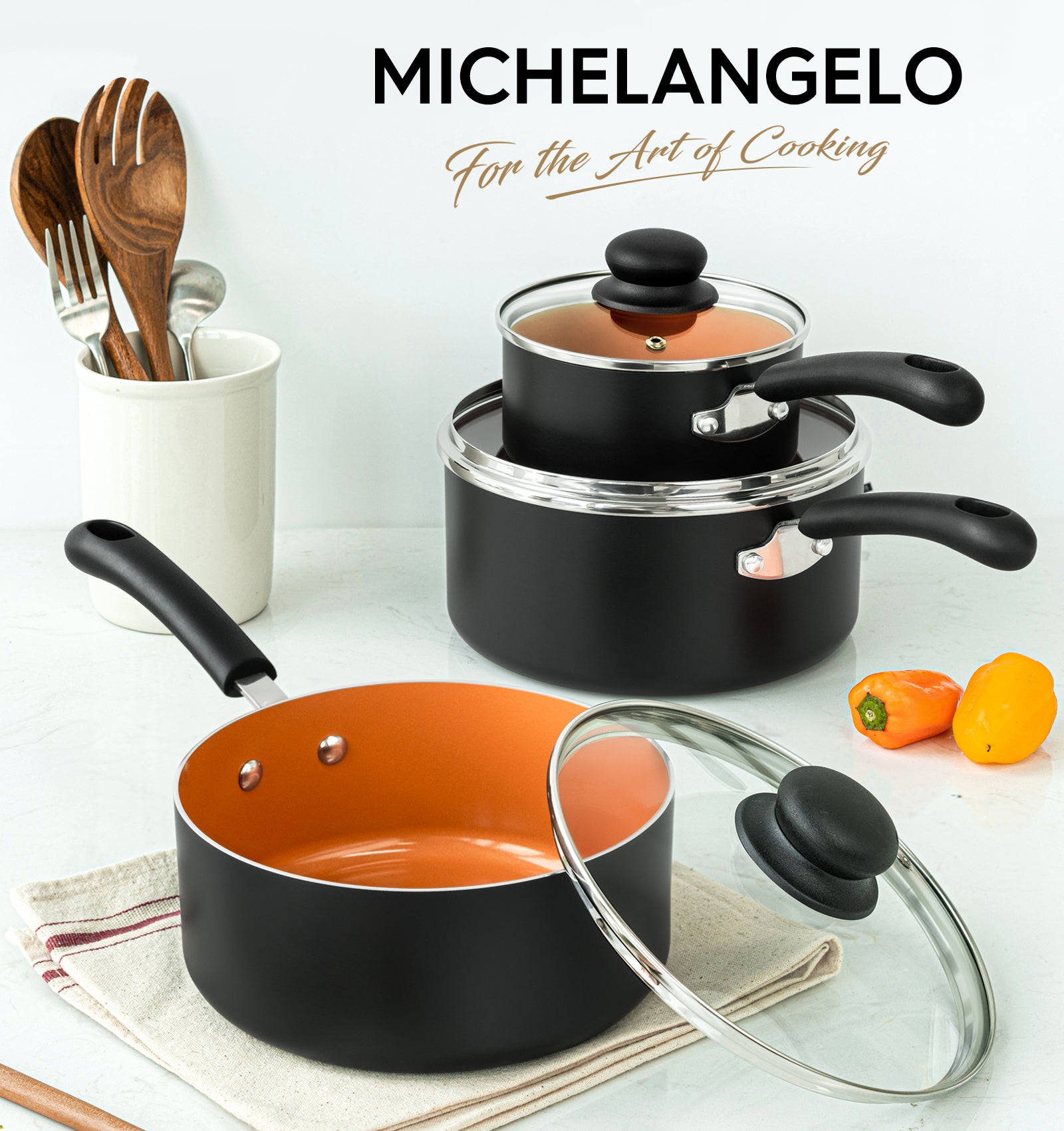 MICHELANGELO 1QT& 2QT & 3QT Ceramic Saucepan With Lid