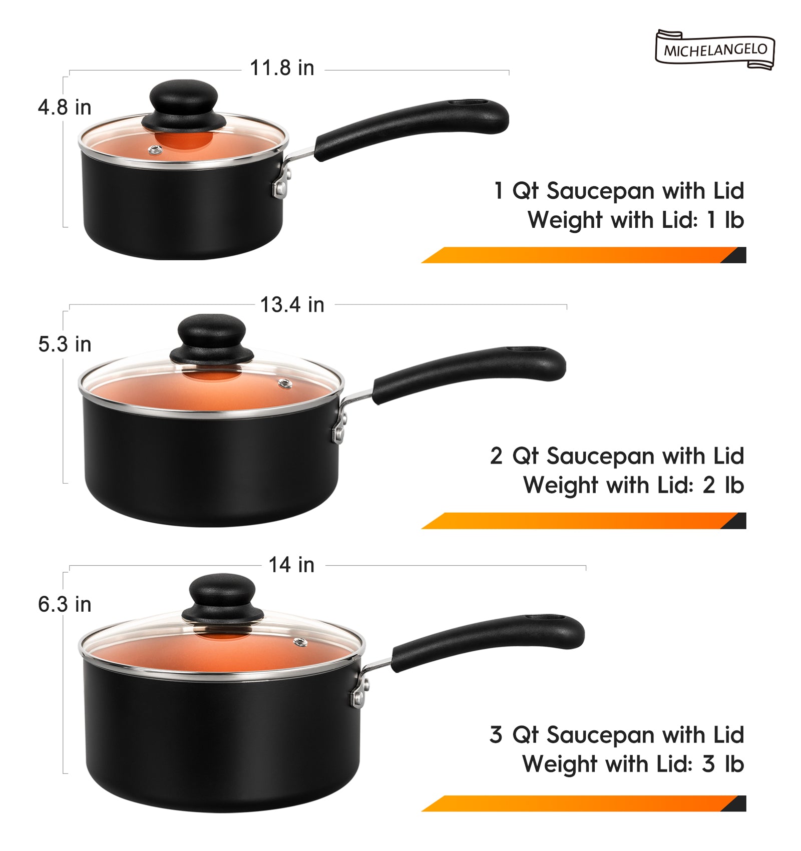 MICHELANGELO 1QT& 2QT & 3QT Ceramic Saucepan With Lid