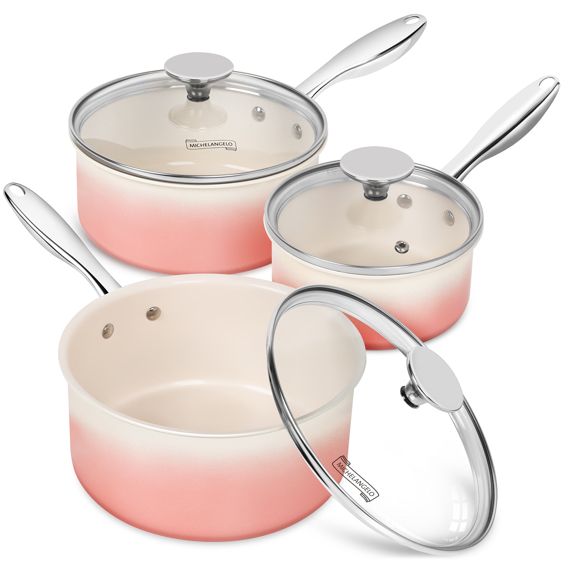 MICHELANGELO Sauce Pan with Lid, Ceramic Saucepan Set, 1Qt & 2Qt & 3Qt