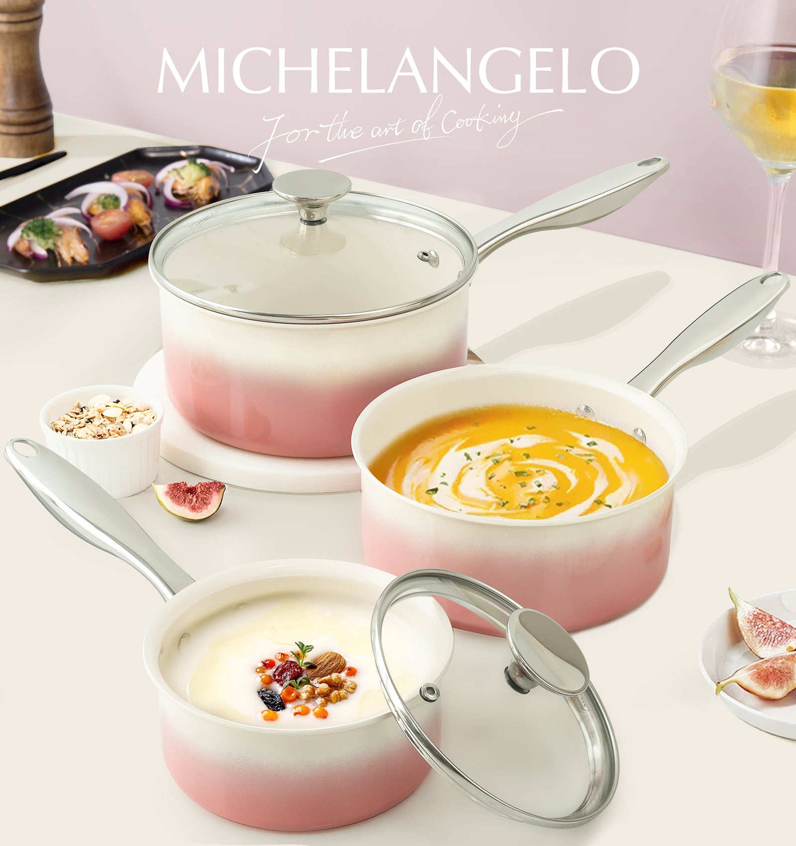 MICHELANGELO Sauce Pan with Lid, Ceramic Saucepan Set, 1Qt & 2Qt & 3Qt