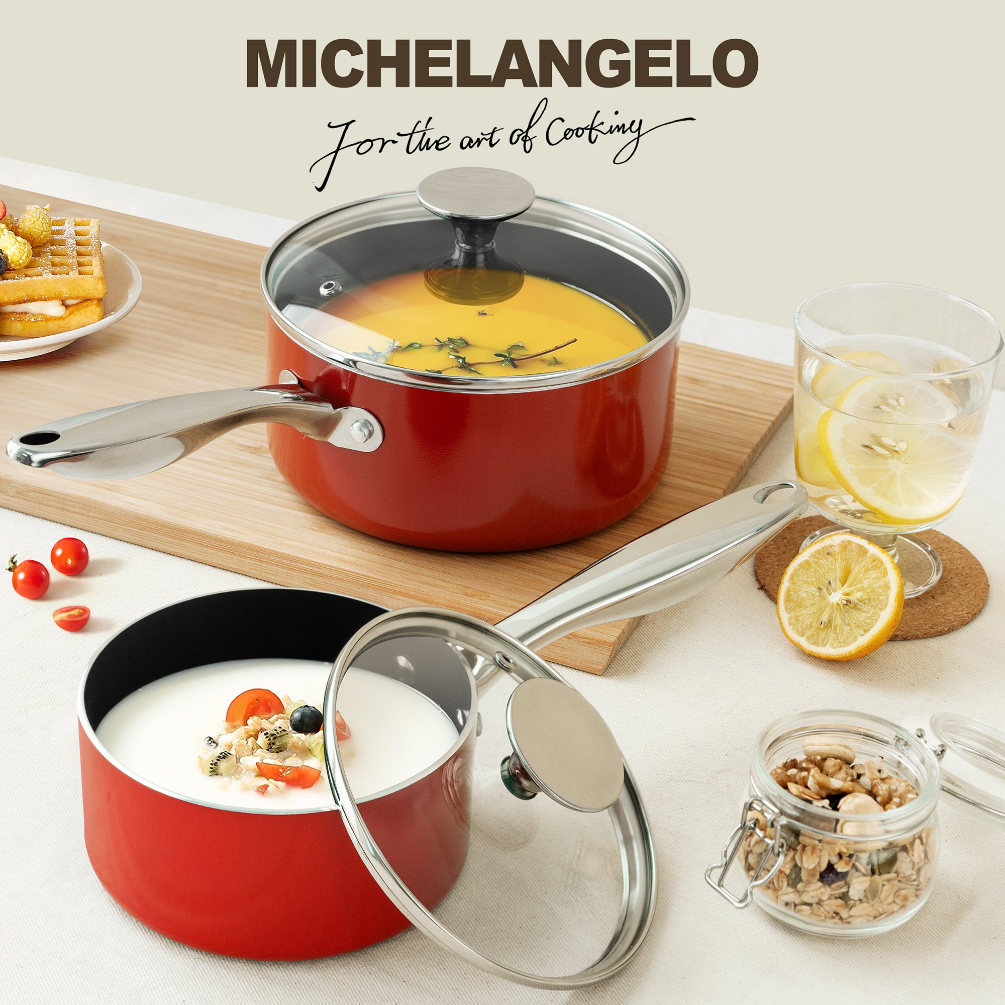 MICHELANGELO 1Qt & 2Qt Saucepans with Lids, Ceramic Sauce Pans with Stainless Steel Handle