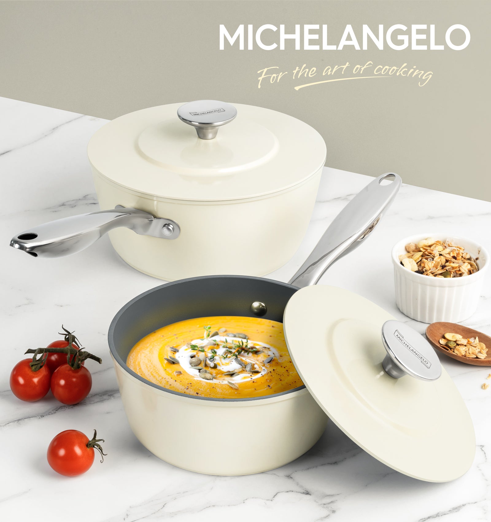 MICHELANGELO Ceramic Saucepans Set, 1.5Qt & 3Qt Sauce Pan Sets with Stainless Steel Handle