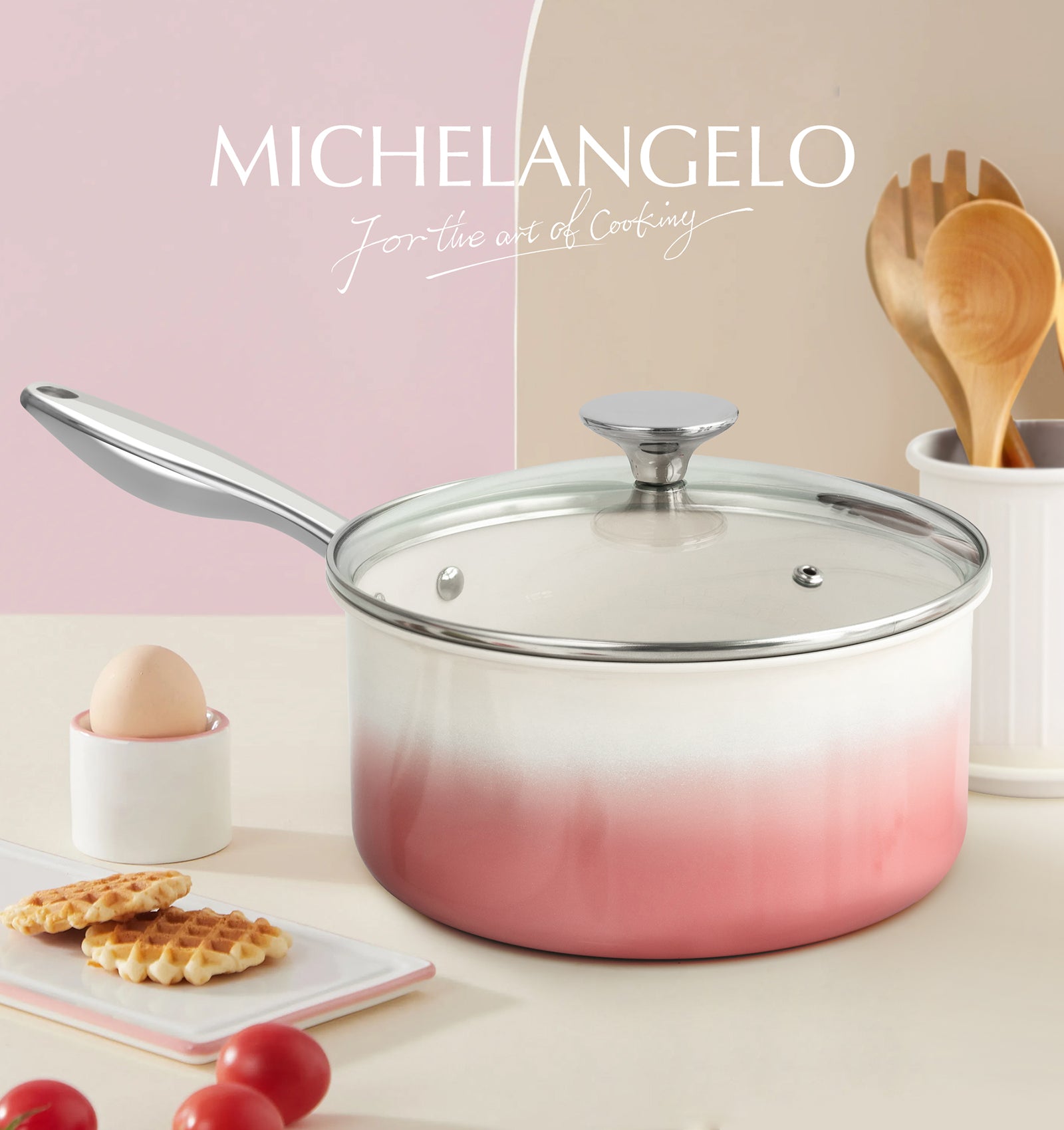 MICHELANGELO Sauce Pan with Lid, Pink 3Quart Ceramic Saucepan with Stainless Steel Handle