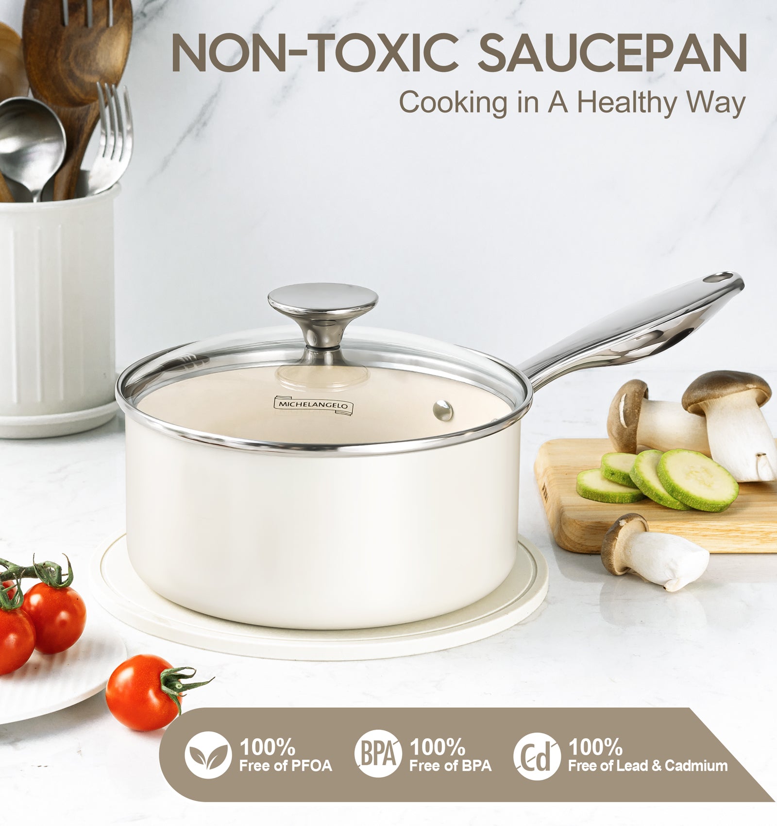 MICHELANGELO Sauce Pan with Lid,3 Quart Saucepan with Stainless Steel Handle