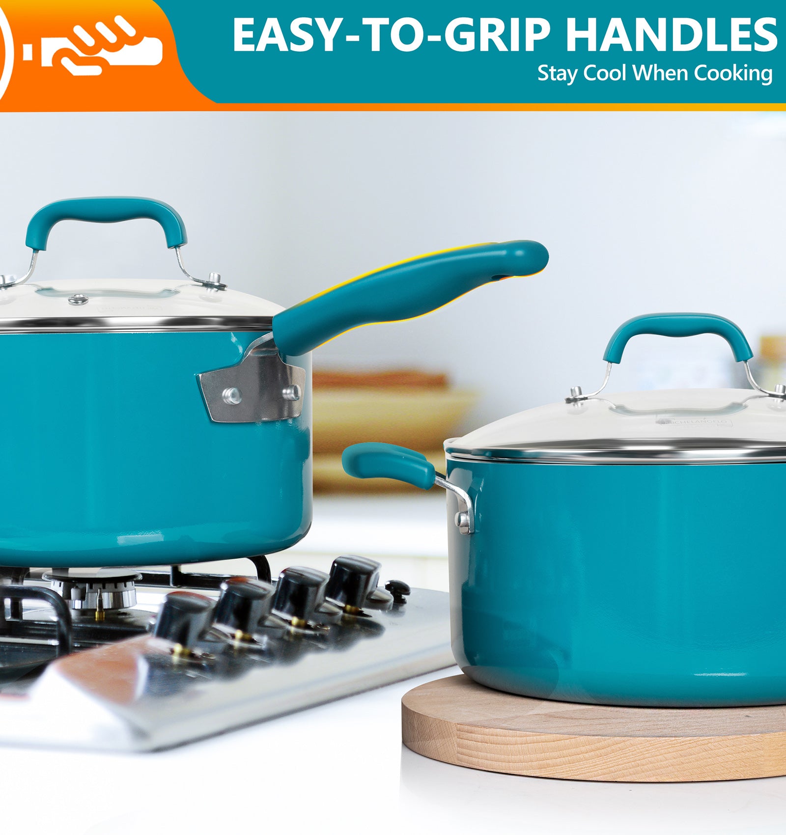 MICHELANGELO Enamel Cookware Set 15 Piece, Cyan-Blue