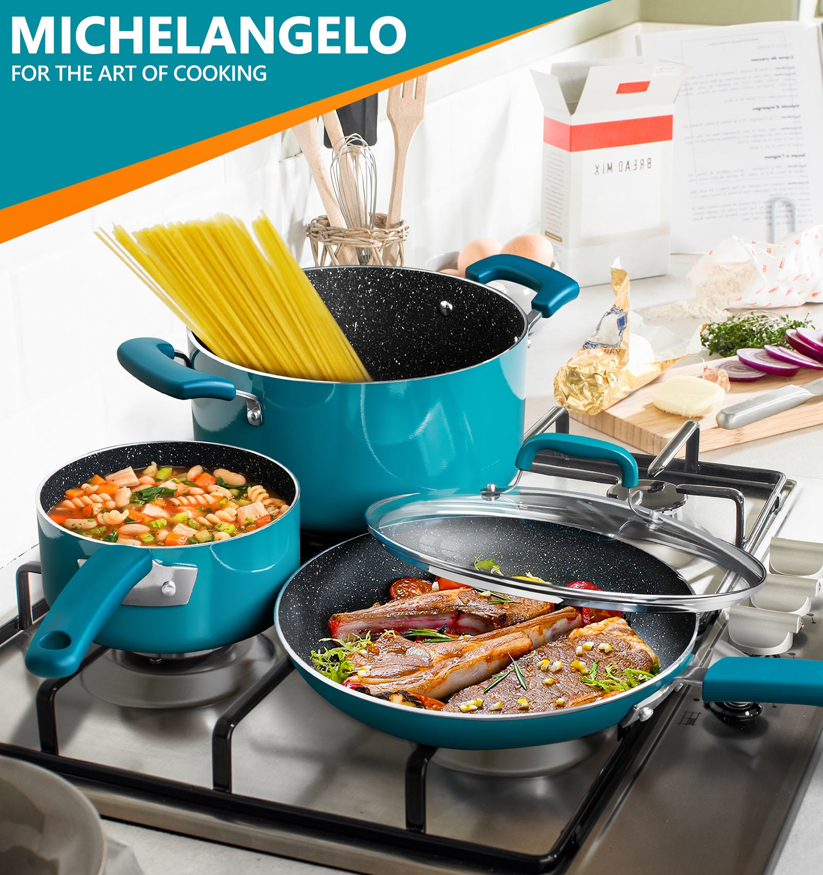 MICHELANGELO Enamel Cookware Set 15 Piece, Cyan-Blue