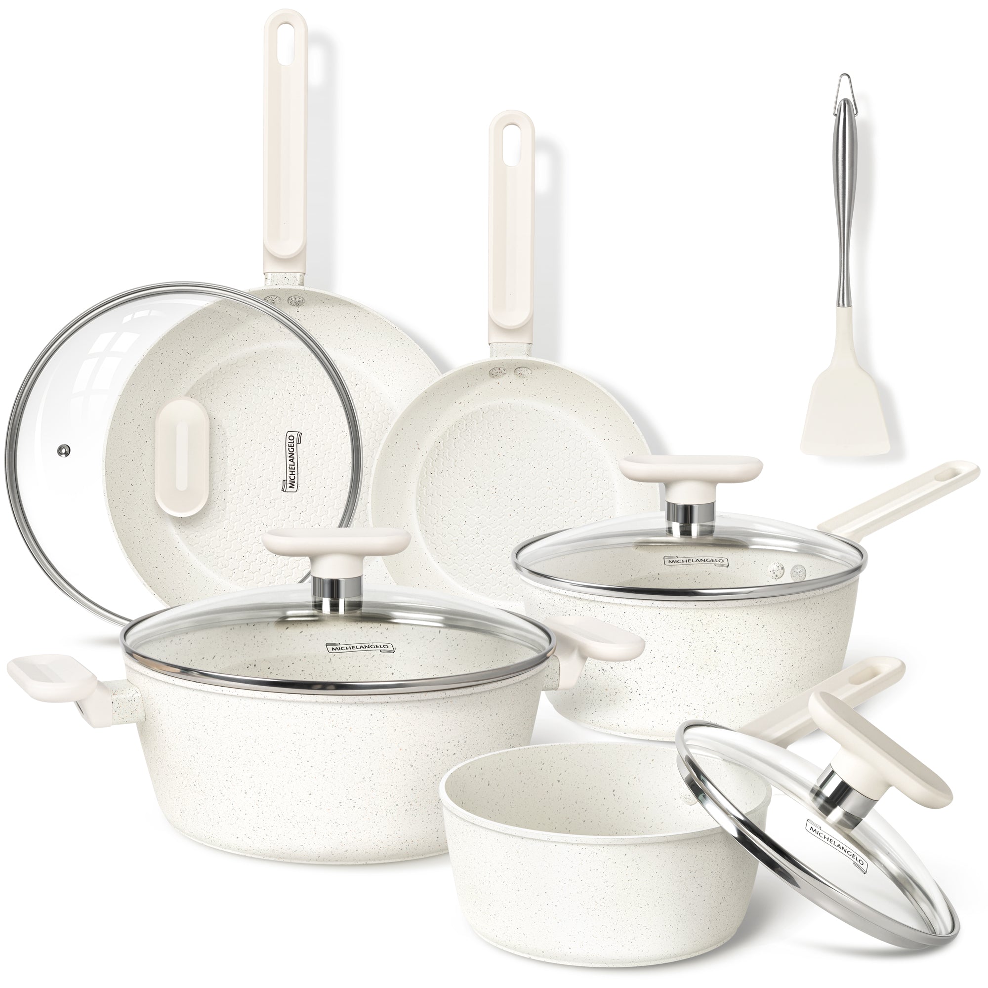 MICHELANGELO Pots and Pans Set 10 Piece, White Granite Cookware Set