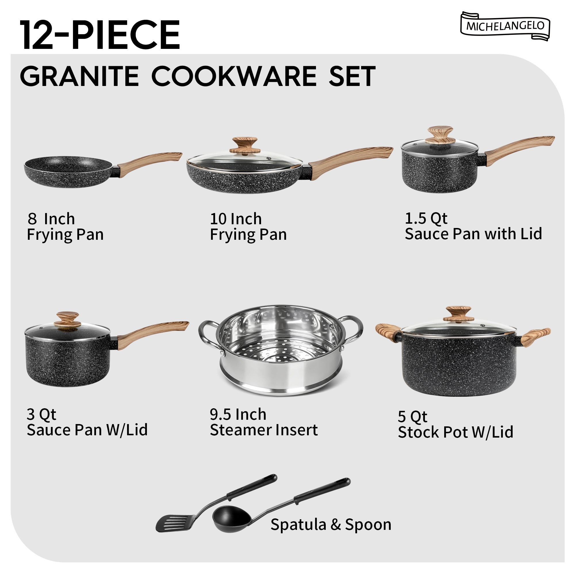 MICHELANGELO Pots and Pans Set Nonstick, Granite Cookware Set 12 Pcs