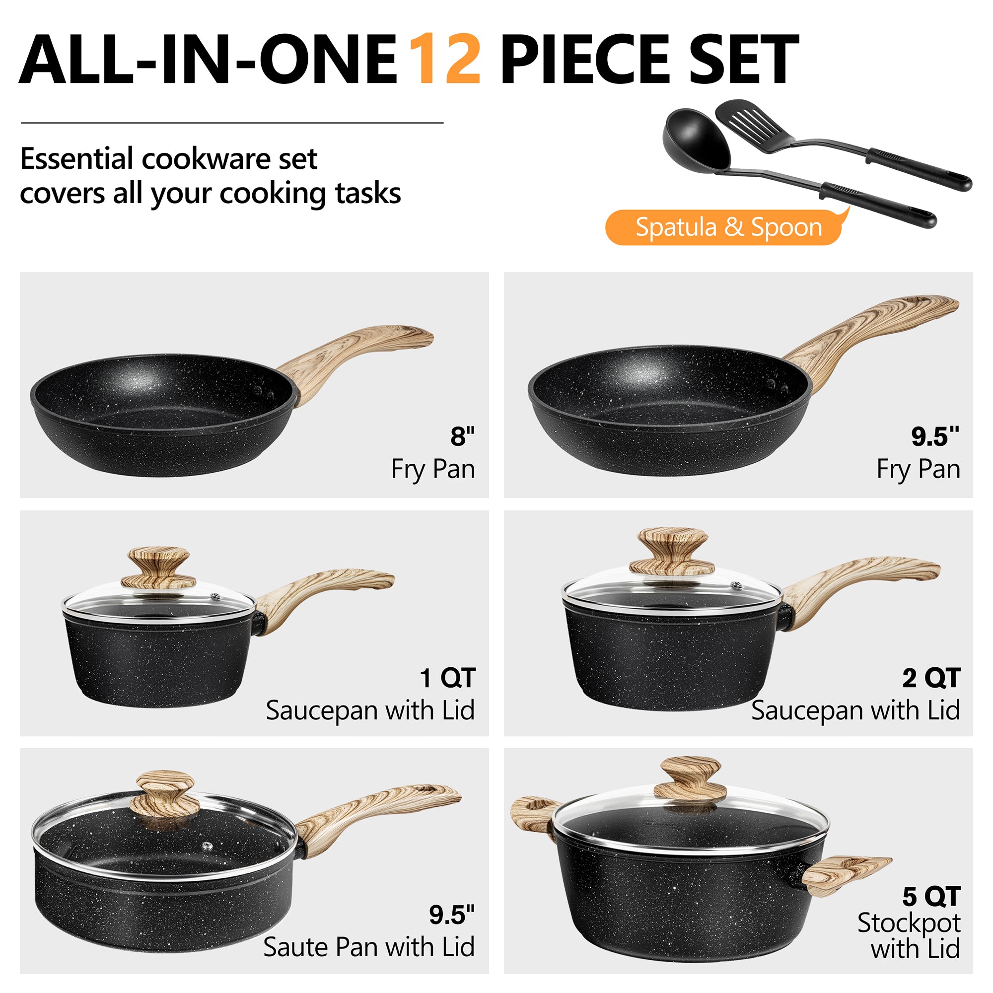 MICHELANGELO  12 Pcs Cookware Sets with Black Granite Coating