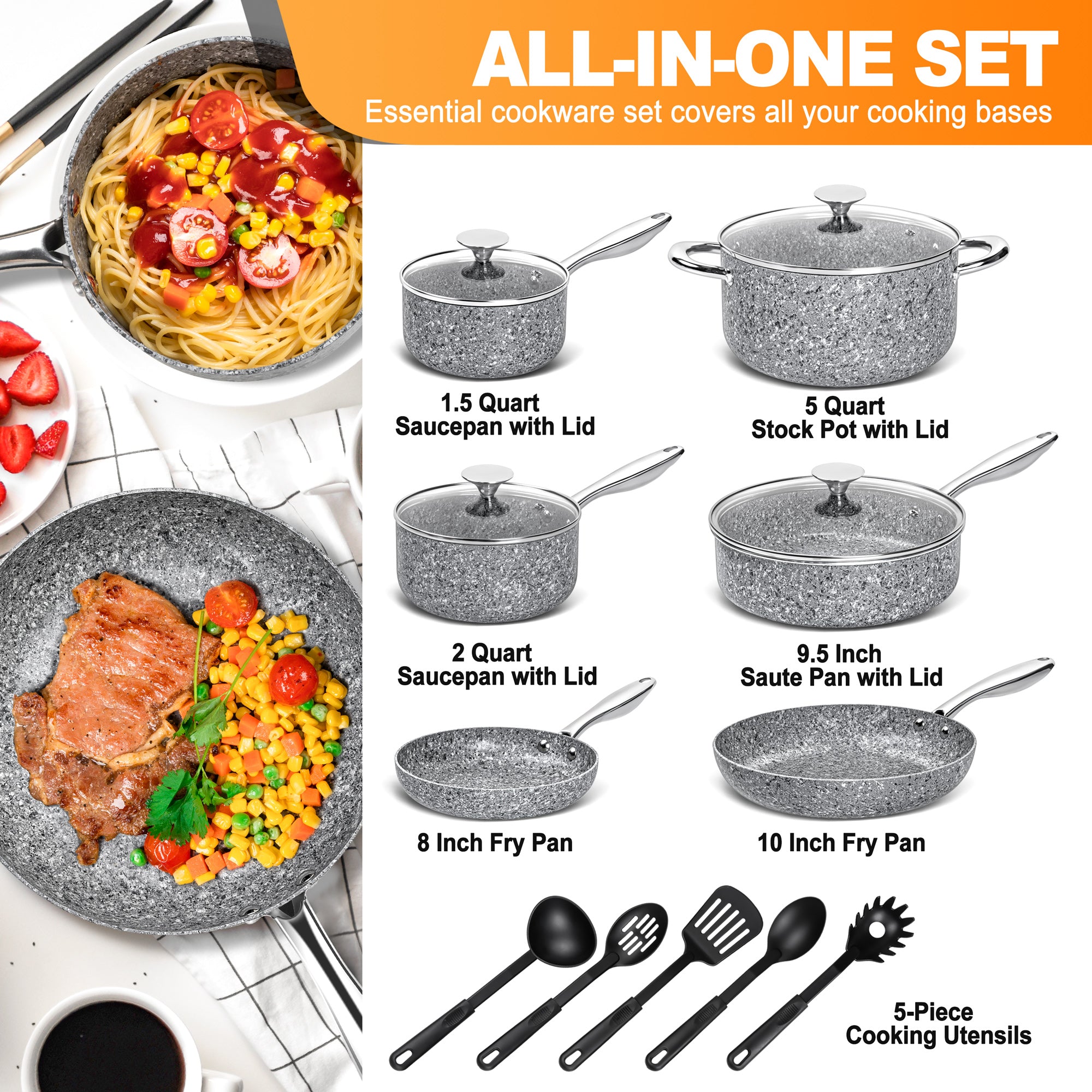 MICHELANGELO Pots and Pans Set 15 Piece, Ultra Nonstick Kitchen Stone-Derived Coating