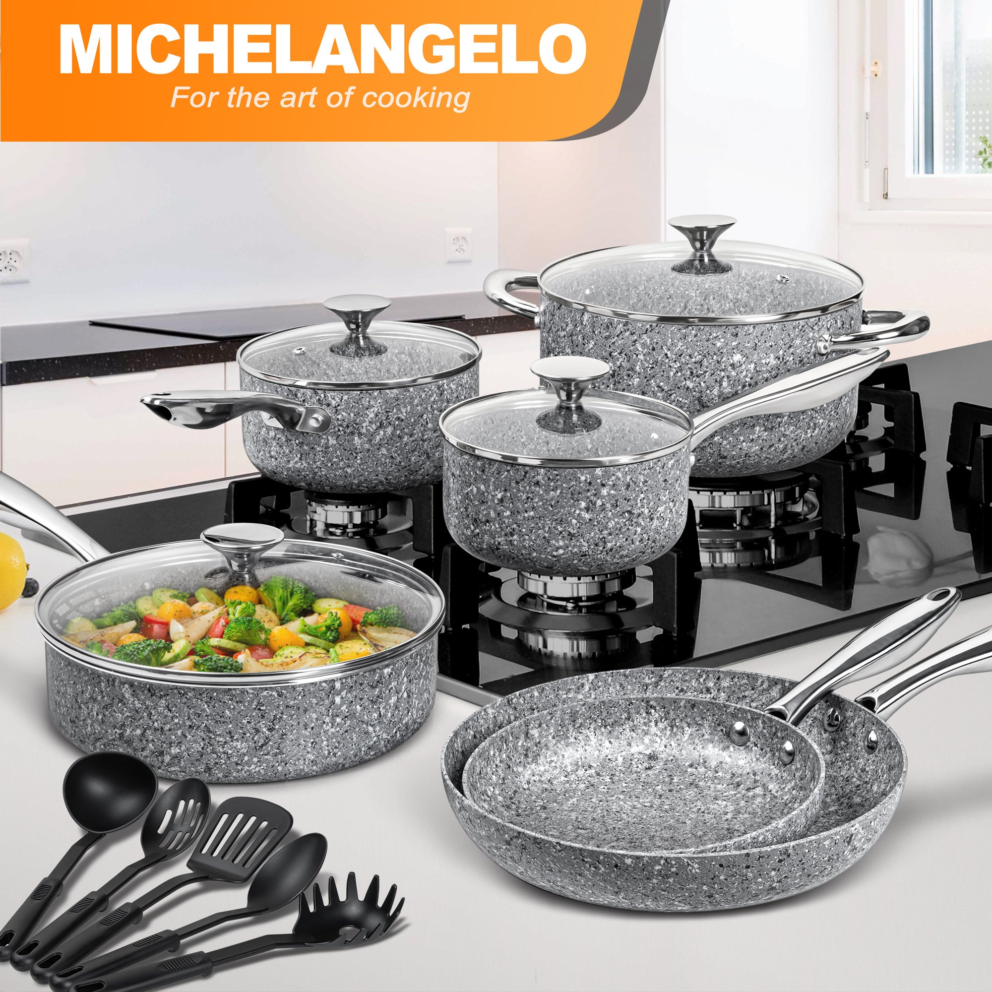 MICHELANGELO Pots and Pans Set 15 Piece, Ultra Nonstick Kitchen Stone-Derived Coating