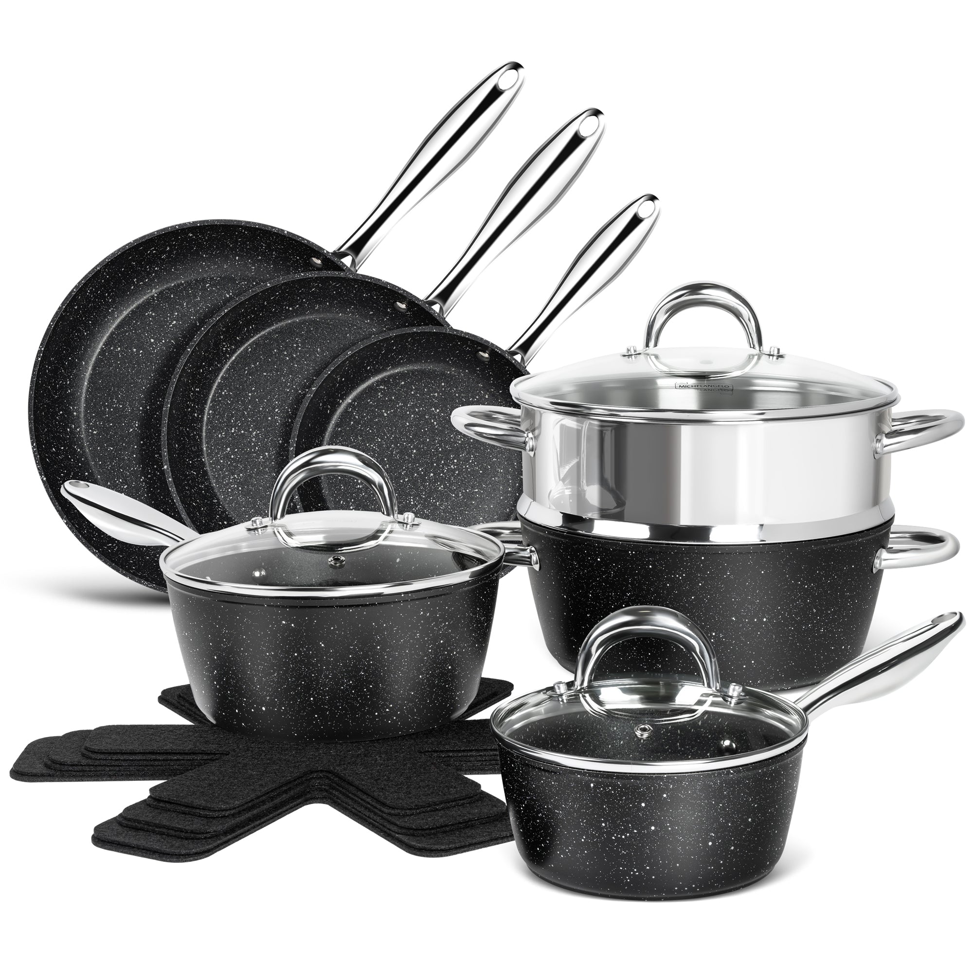 MICHELANGELO Pots and Pans Set 16 Piece, Nonstick Kitchen Cookware Sets with Granite Coating