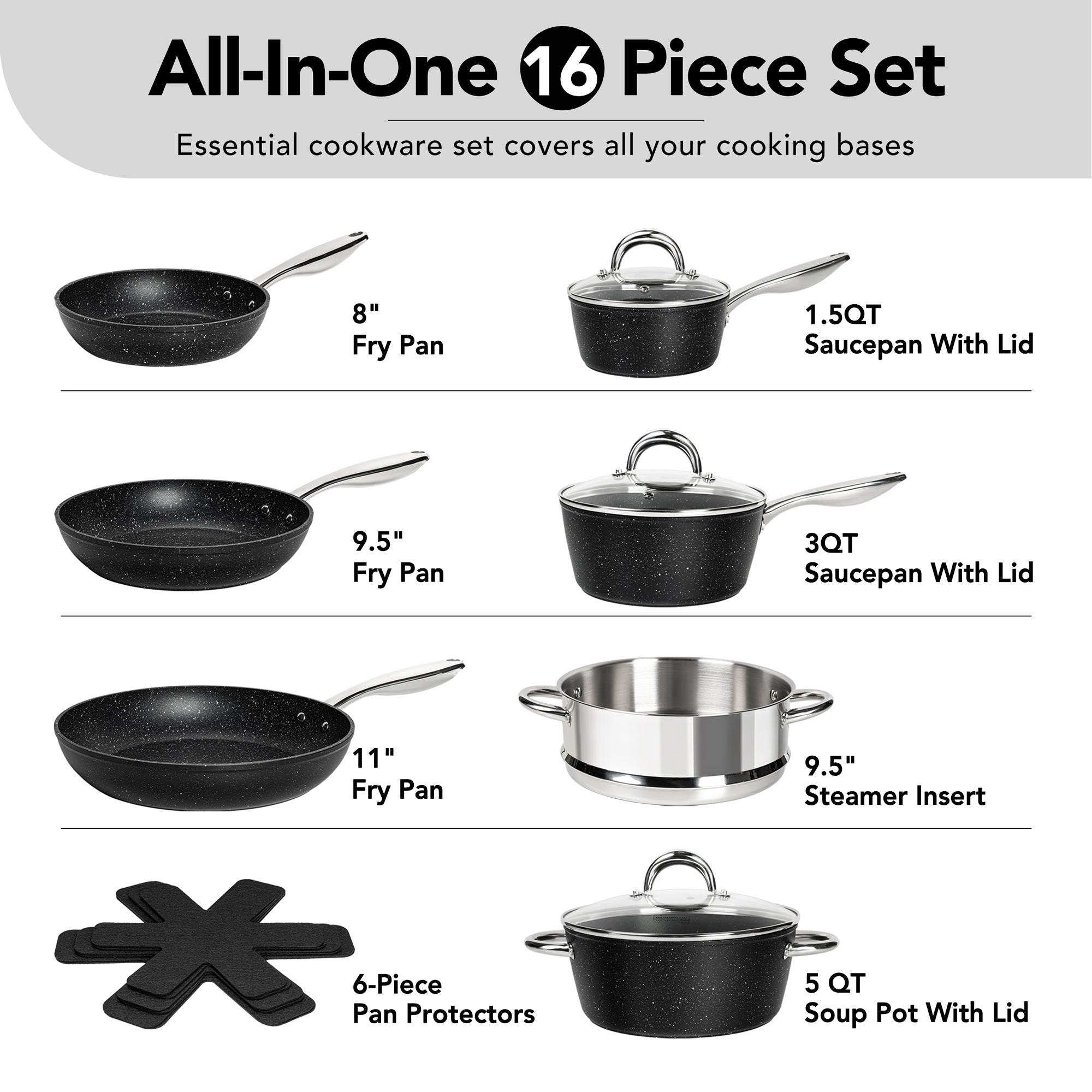 MICHELANGELO Pots and Pans Set 16 Piece, Nonstick Kitchen Cookware Sets with Granite Coating