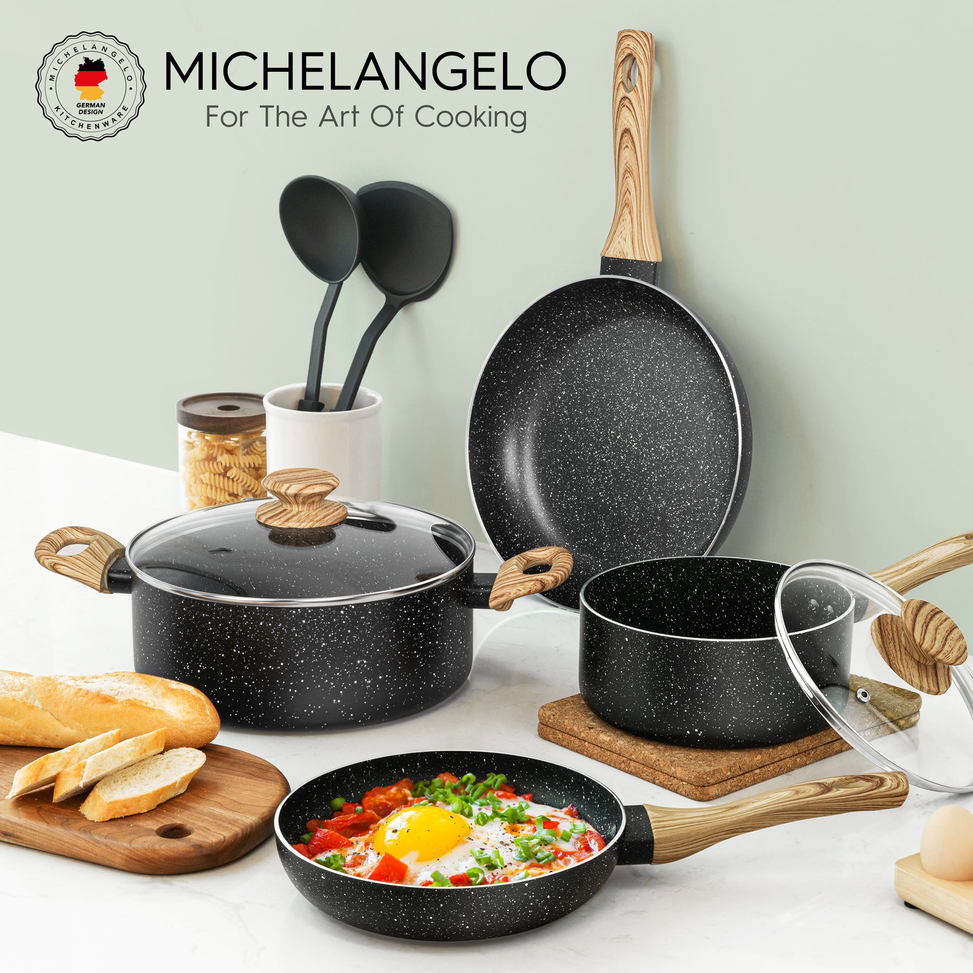 MICHELANGELO Pots and Pans Set Nonstick, Granite Non Stick Pots and Pan Set 8 Pcs