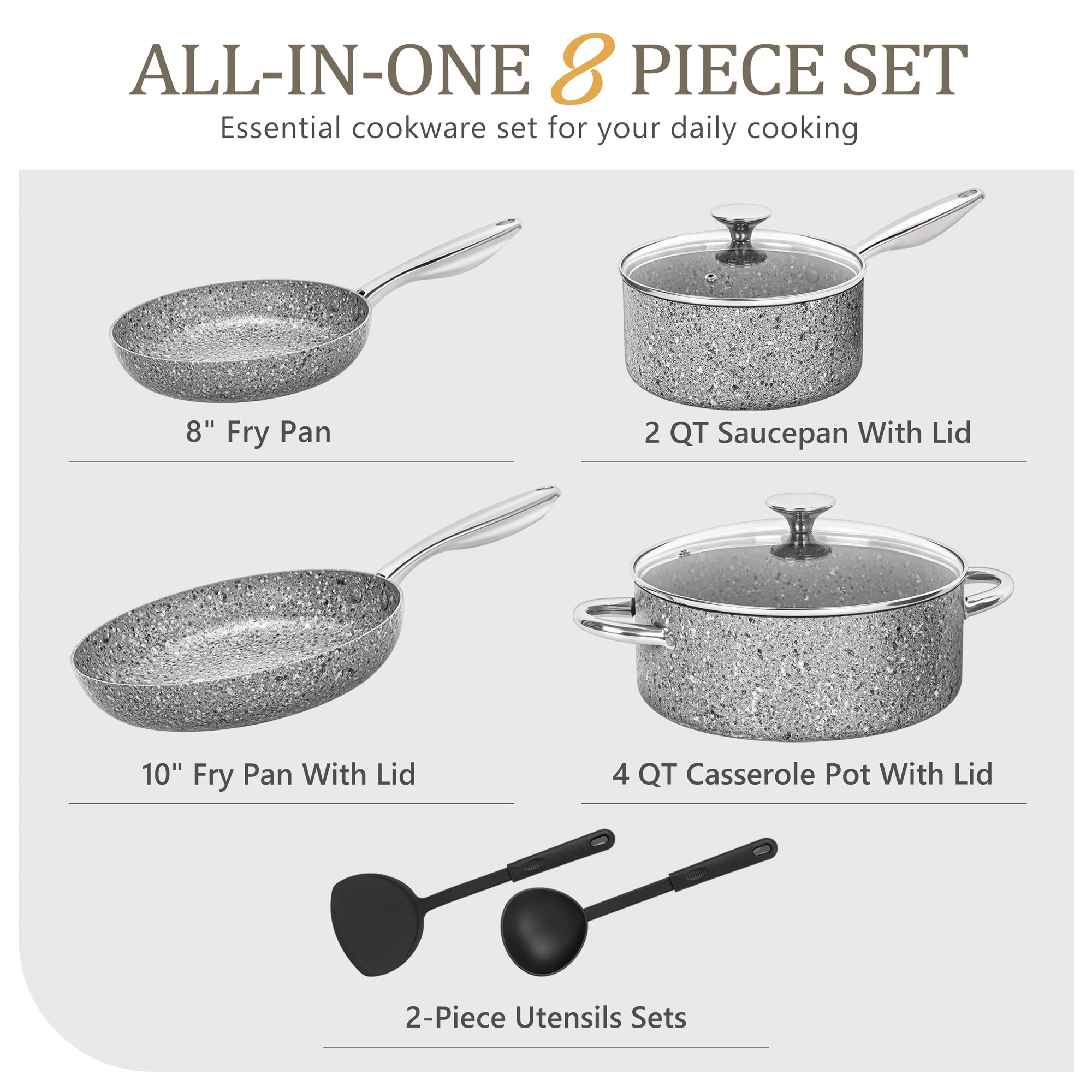 MICHELANGELO Pots and Pans Set 8 Piece, Essential Stone Utensil