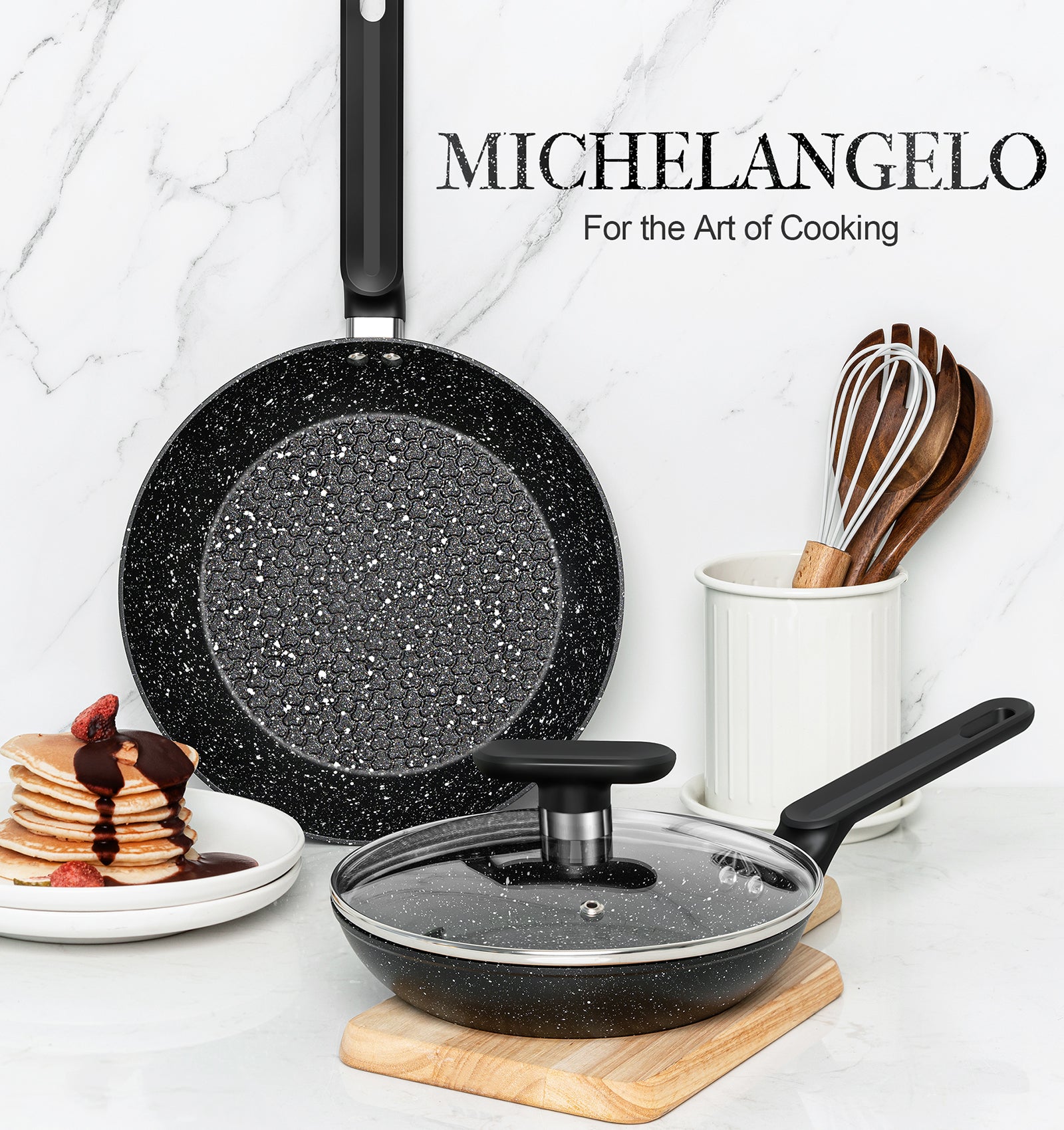 MICHELANGELO  10 Inch Frying Pan with Lid, Nonstick Granite Frying Pan