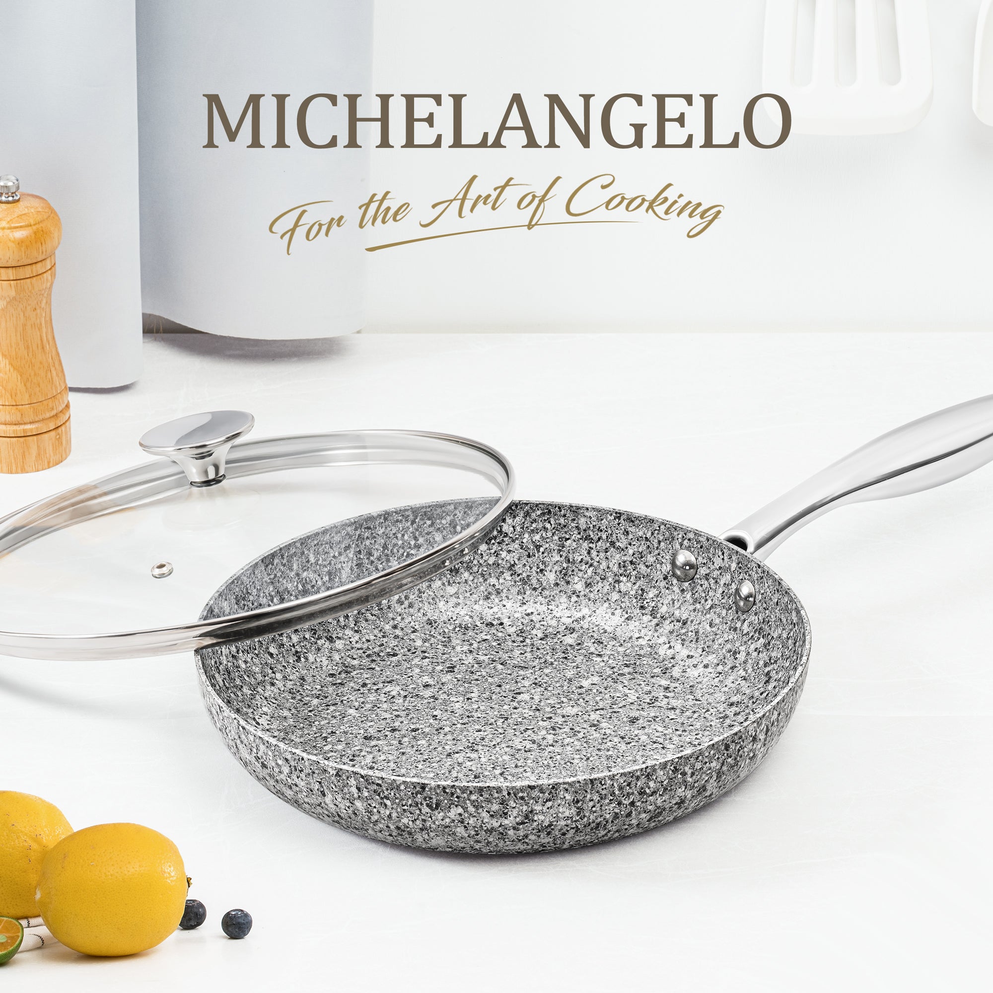 MICHELANGELO 10 Inch Frying Pan with Lid, Granite Frying Pan