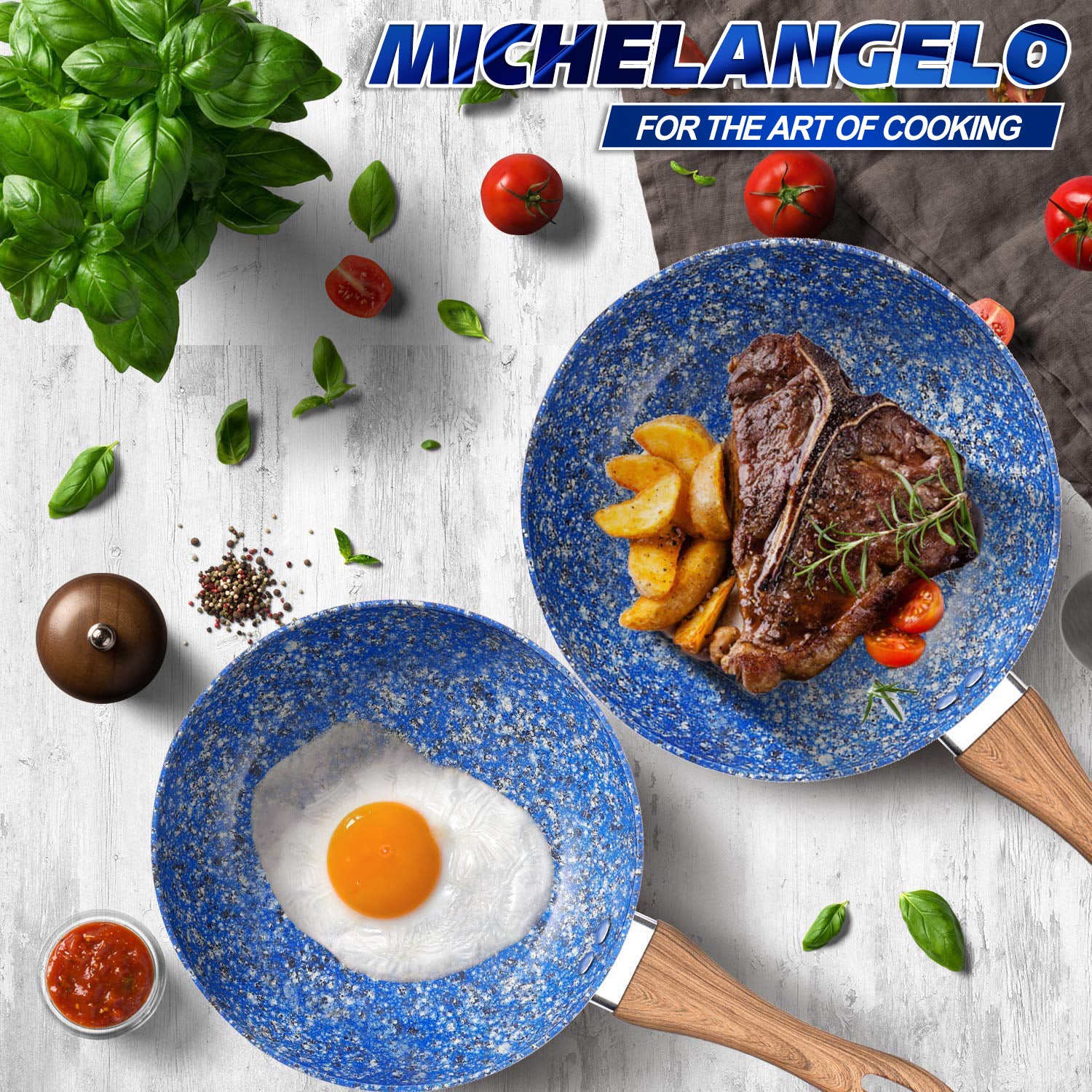 MICHELANGELO Frying Pan Set with Lid, 9.5" & 11"