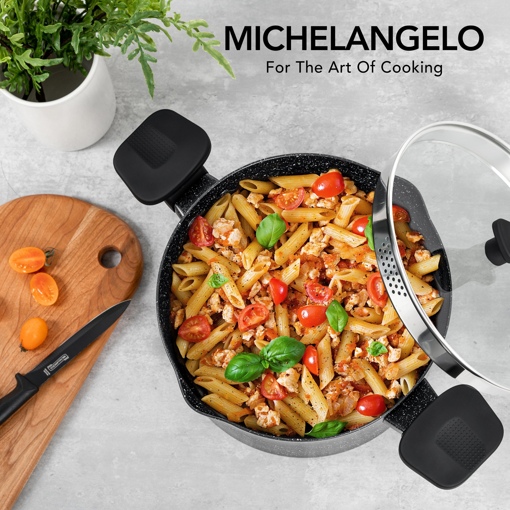 MICHELANGELO Pasta Pot with Strainer Lid, 6 Quart Cooking Pot with Twist and Lock Handles