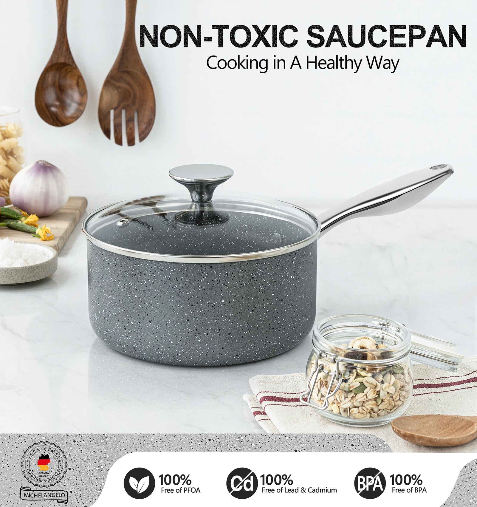 MICHELANGELO Sauce Pan with Lid, 2Quart Saucepan, Granite Sauce Pan