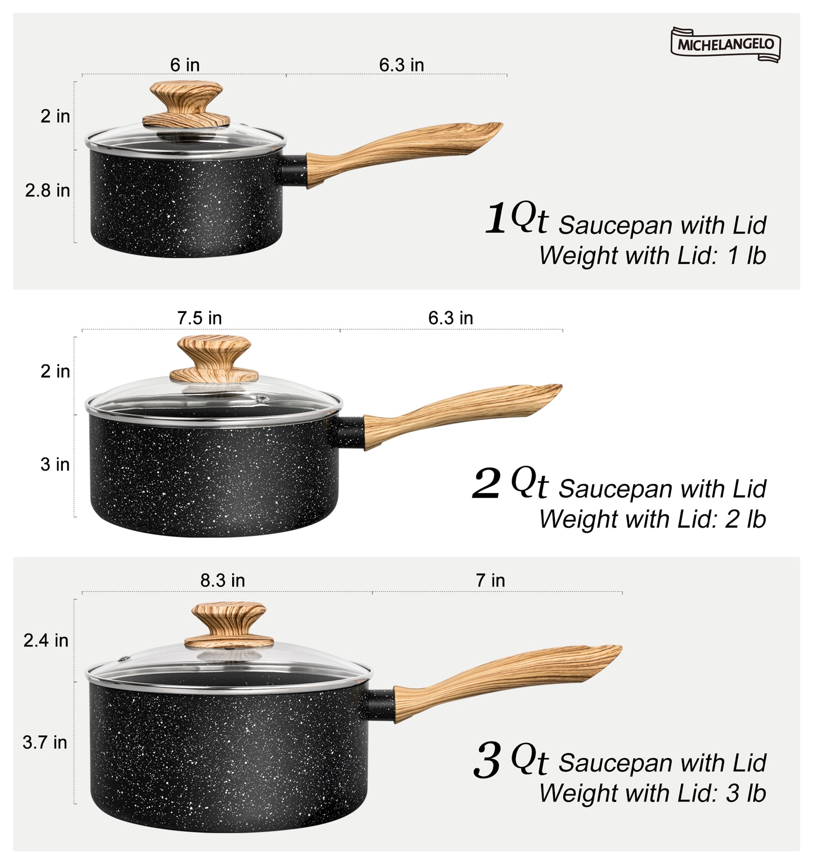 MICHELANGELO Saucepan Set, Nonstick Sauce Pans with Granite Coatings,1Qt & 2Qt & 3Qt