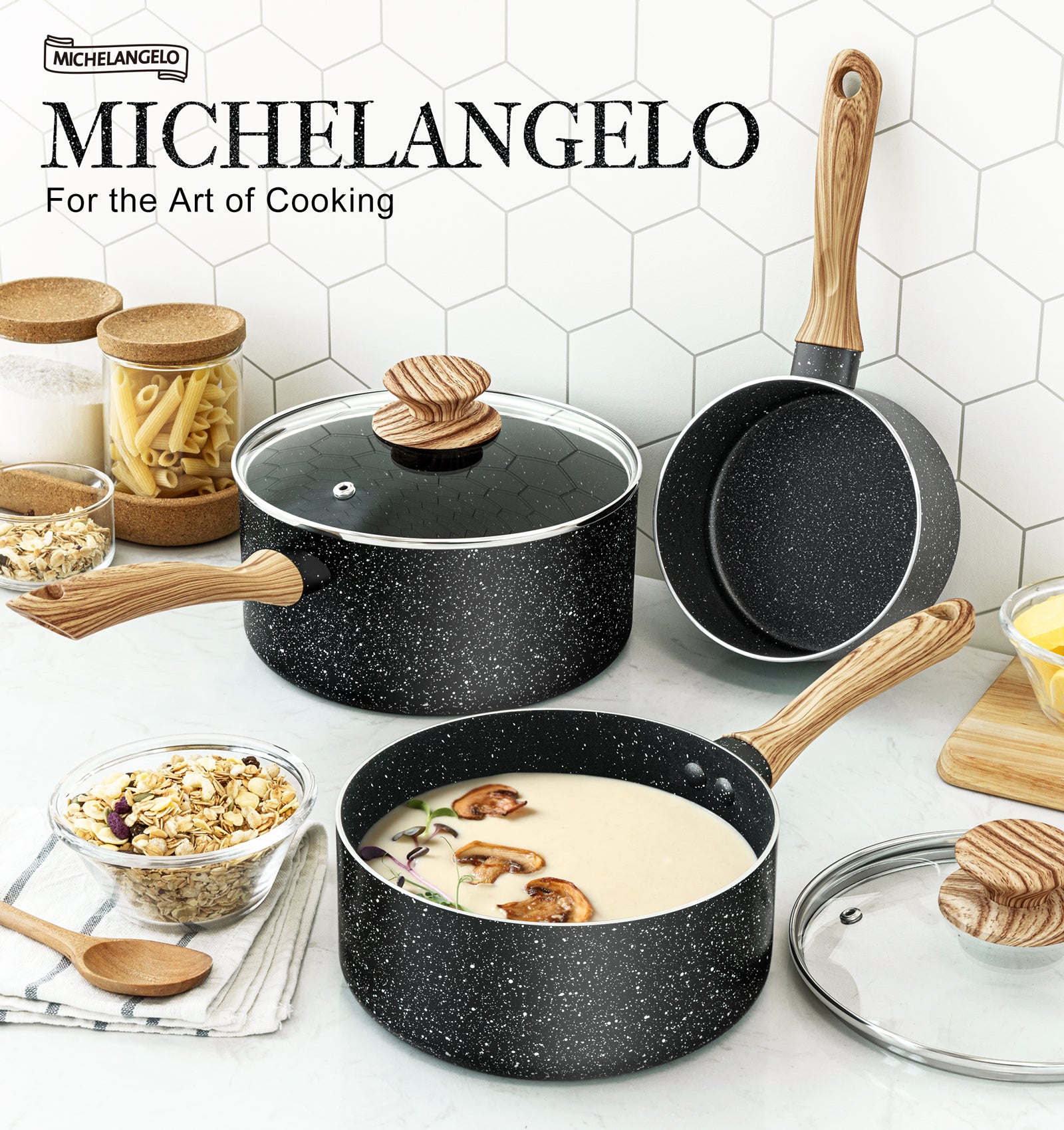 MICHELANGELO Saucepan Set, Nonstick Sauce Pans with Granite Coatings,1Qt & 2Qt & 3Qt