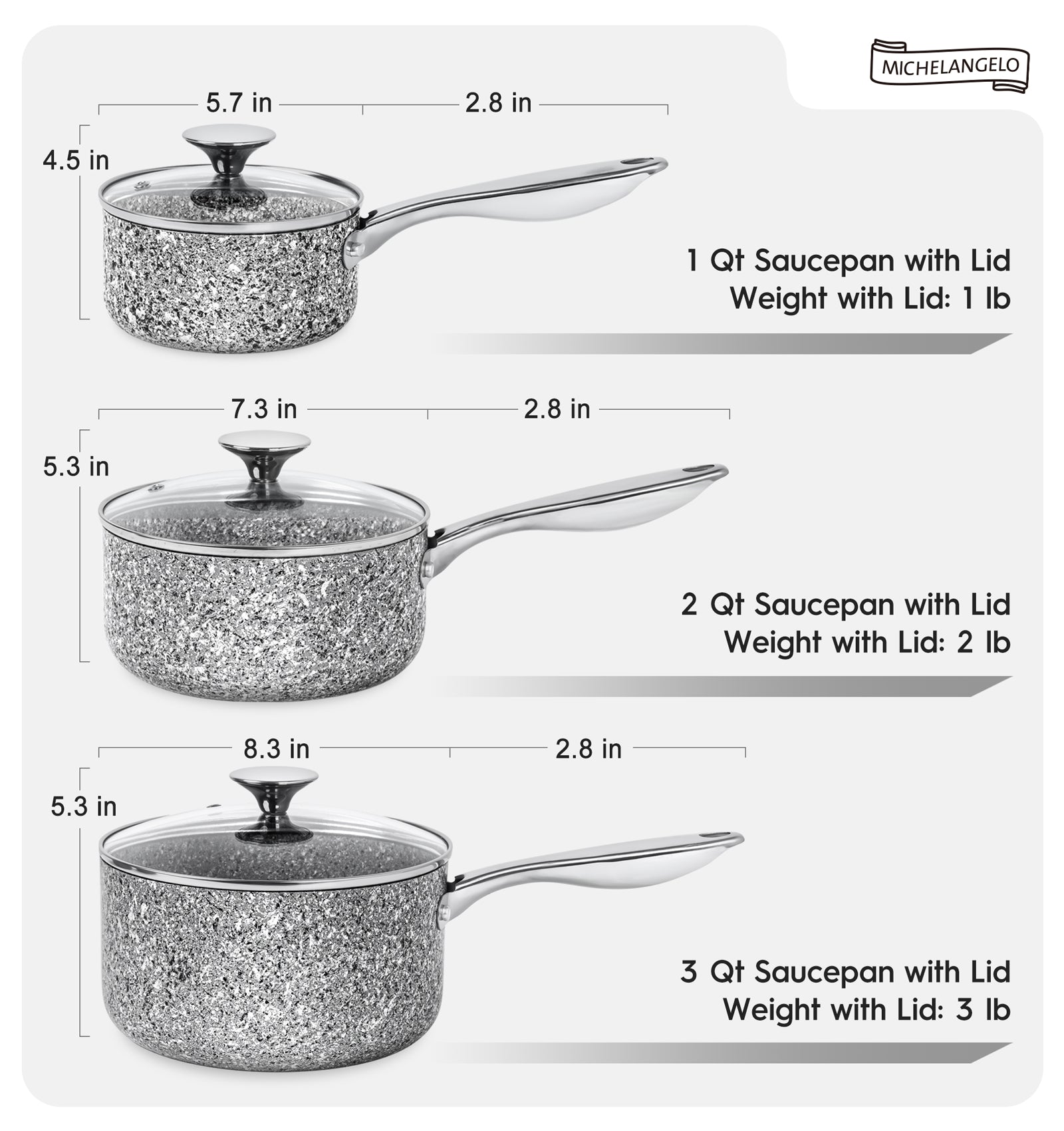 MICHELANGELO Sauce Pan, 1Qt & 2Qt & 3Qt Saucepan Set with Lids