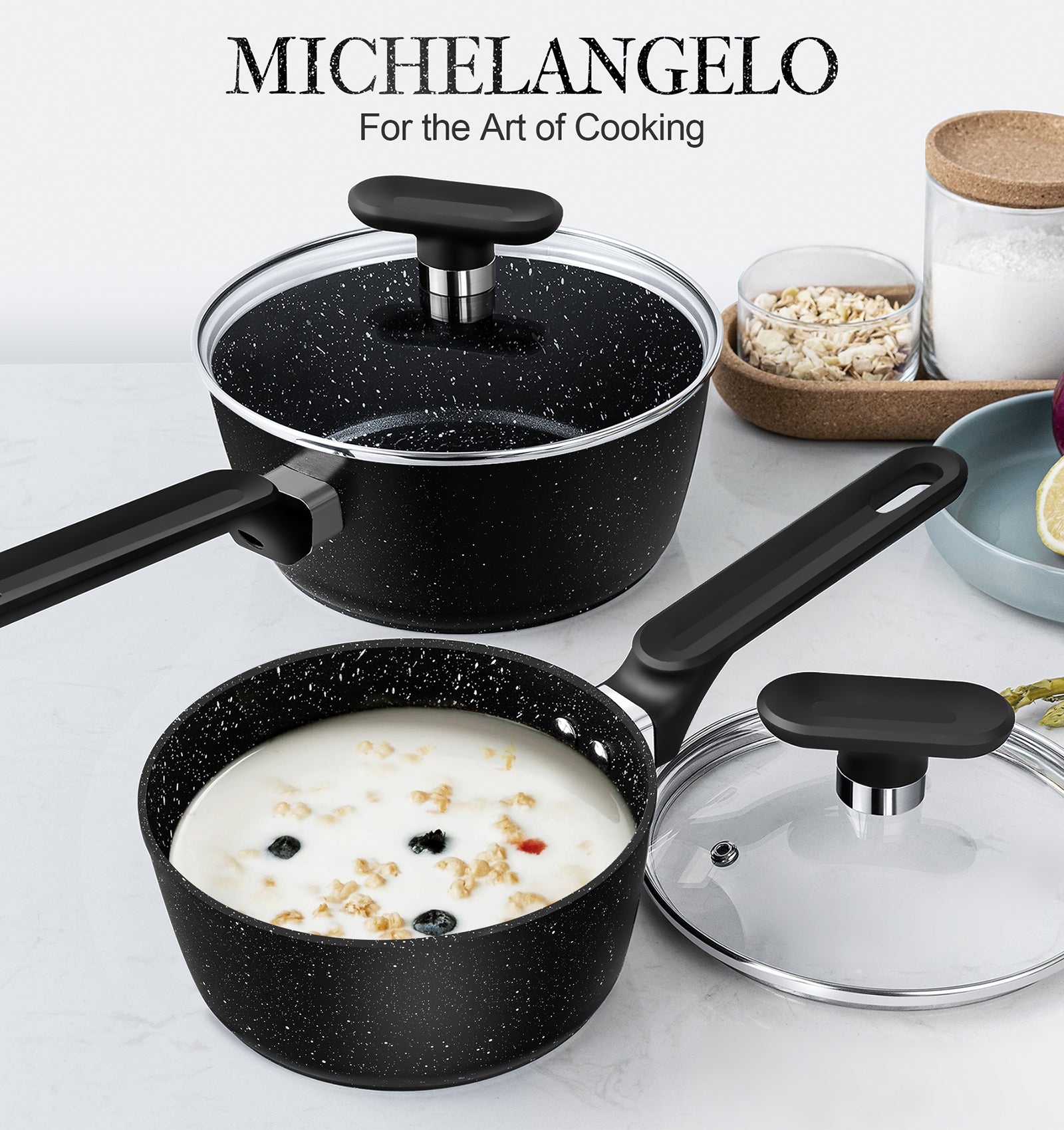 MICHELANGELO Saucepan Set, 1Qt & 2Qt Nonstick Granite Sauce Pan