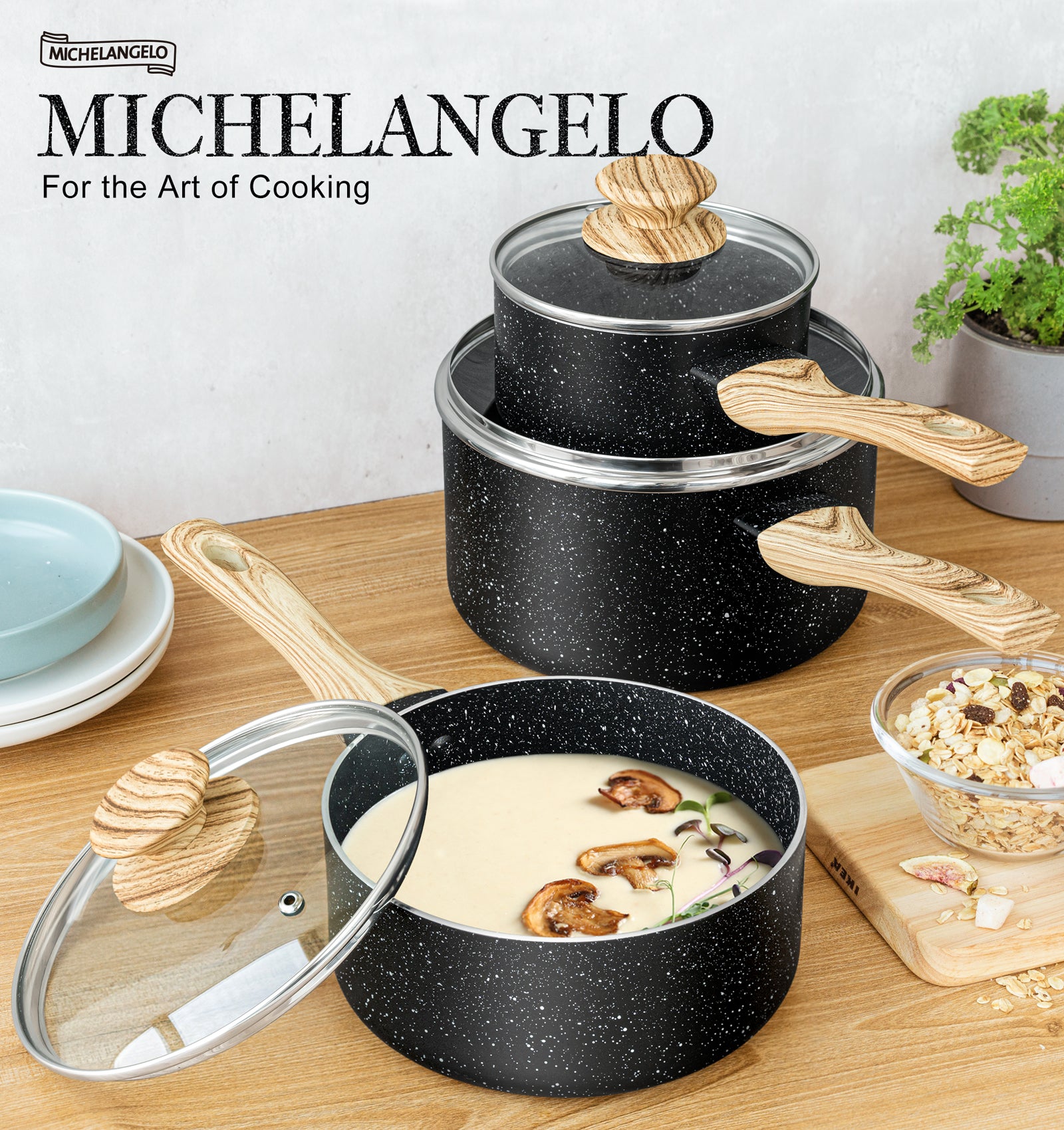 MICHELANGELO Saucepan Set with lid, Nonstick 1Qt & 2Qt Saucepan Set