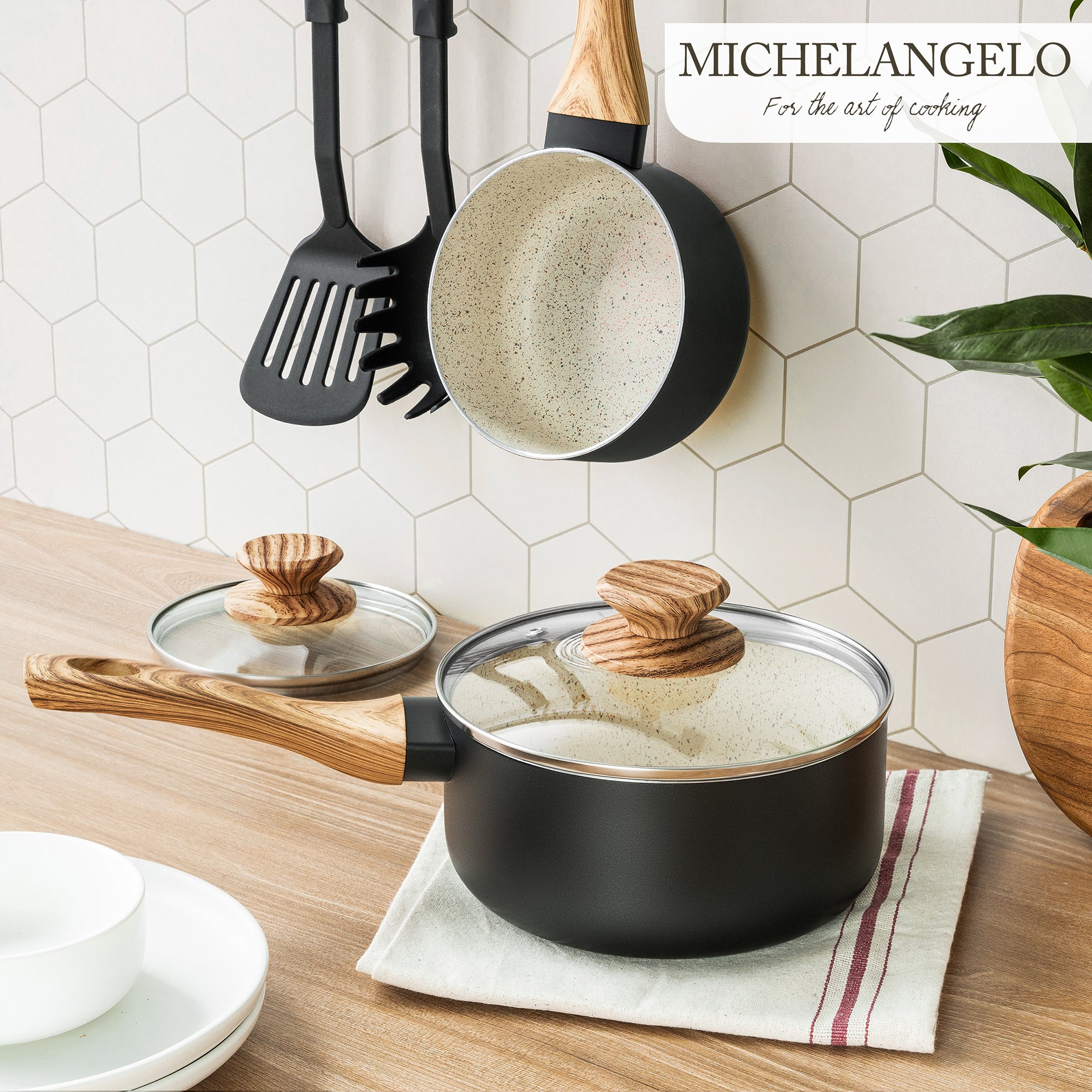 MICHELANGELO Saucepan Set with Lid 1 Quart & 2 Quart, Granite Coatings