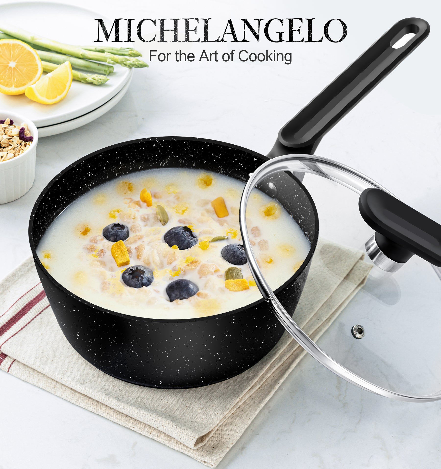 MICHELANGELO Saucepan 2.5 Quart, Nonstick Granite Sauce Pan with Lid