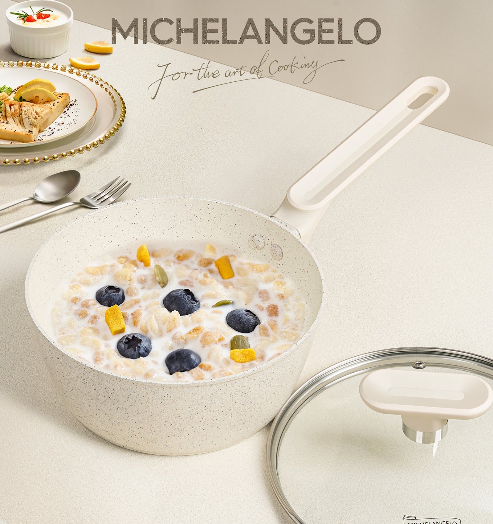 MICHELANGELO Sauce Pan 2.5 Quart, Nonstick Granite Sauce Pan with Lid- White Granite