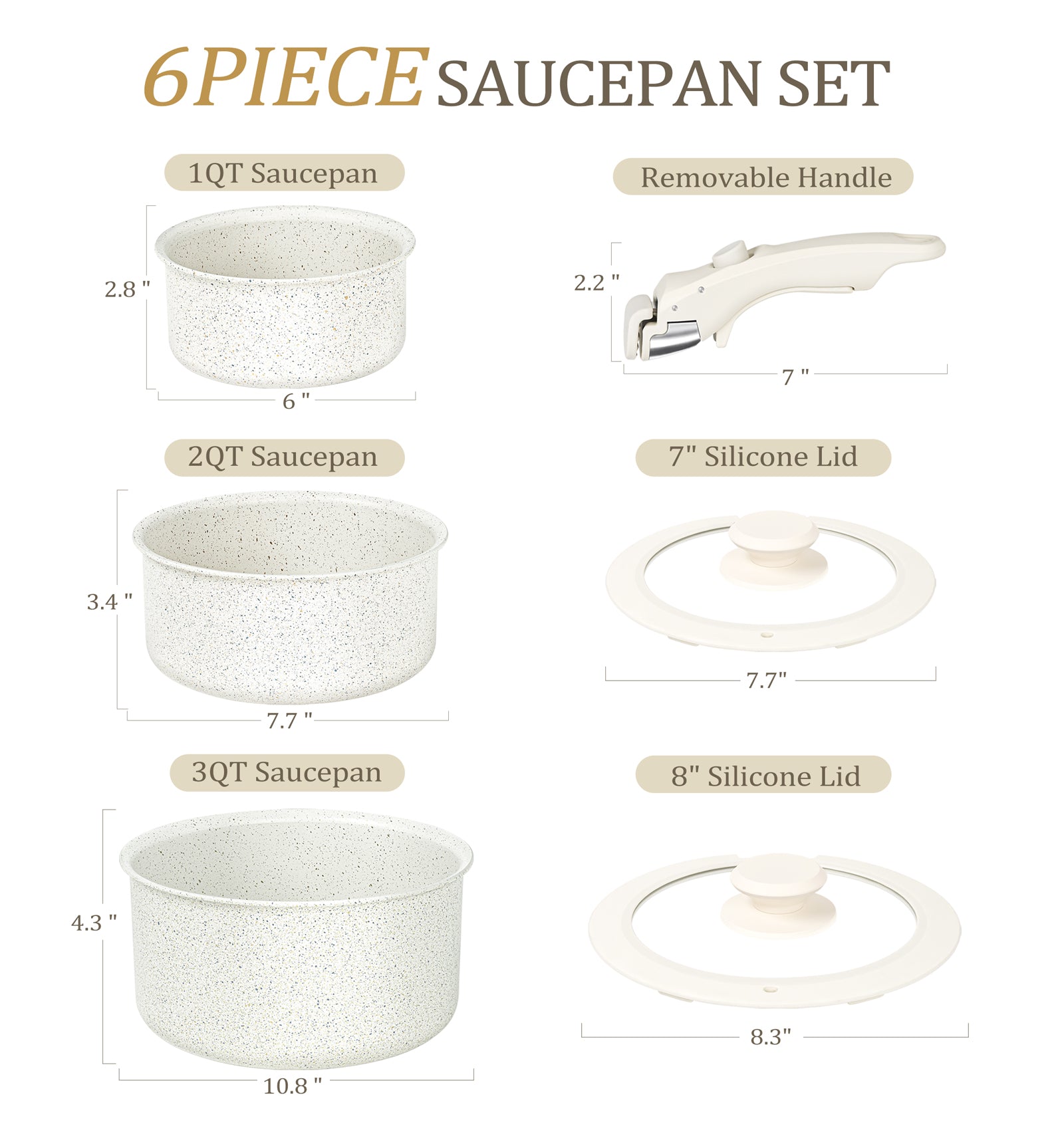 MICHELANGELO Sauce Pan Set, Nonstick 1Qt & 2Qt & 3Qt Pots with Removable Handles