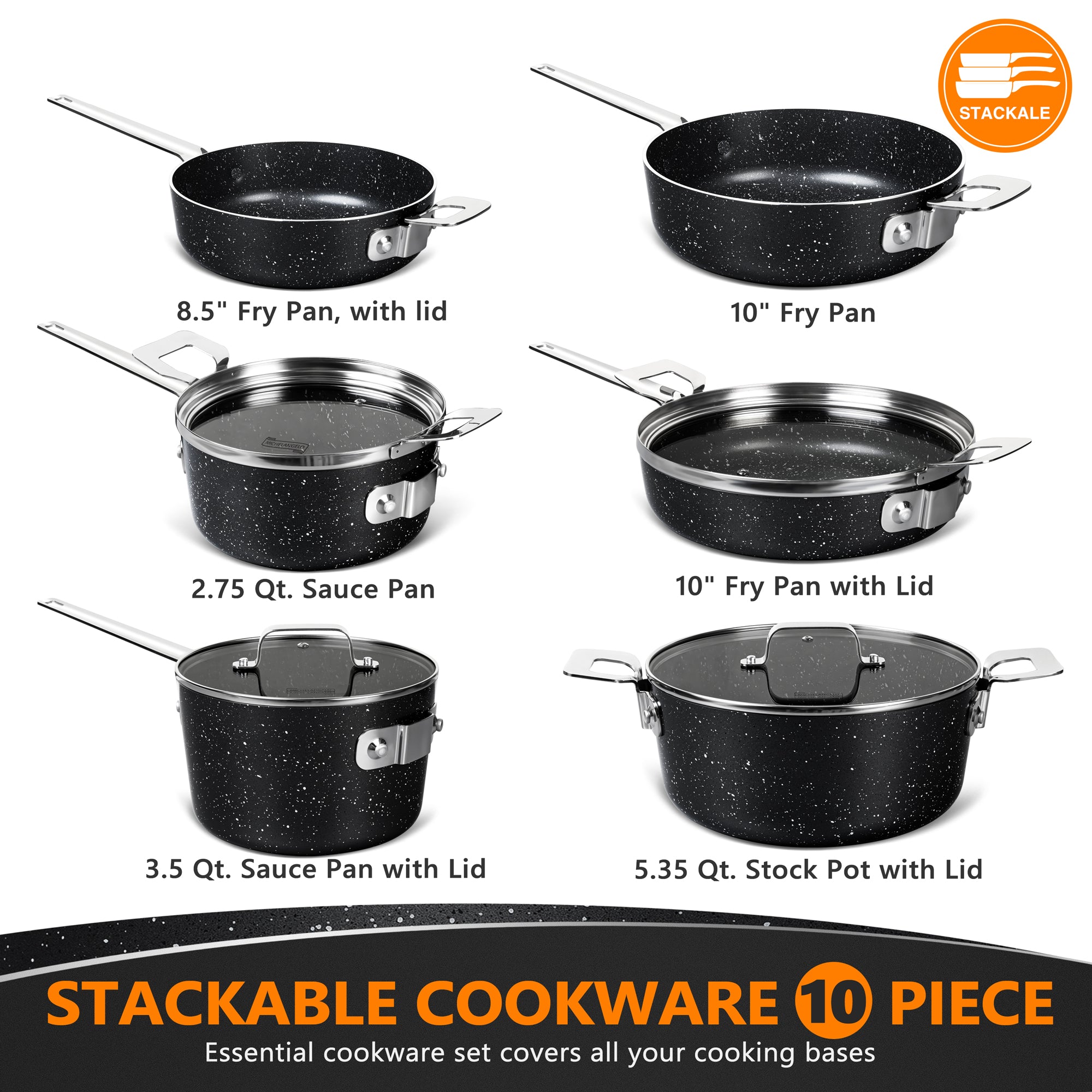 MICHELANGELO Stackable Pots and Pans Set 10 Piece, Saves 55% More Space