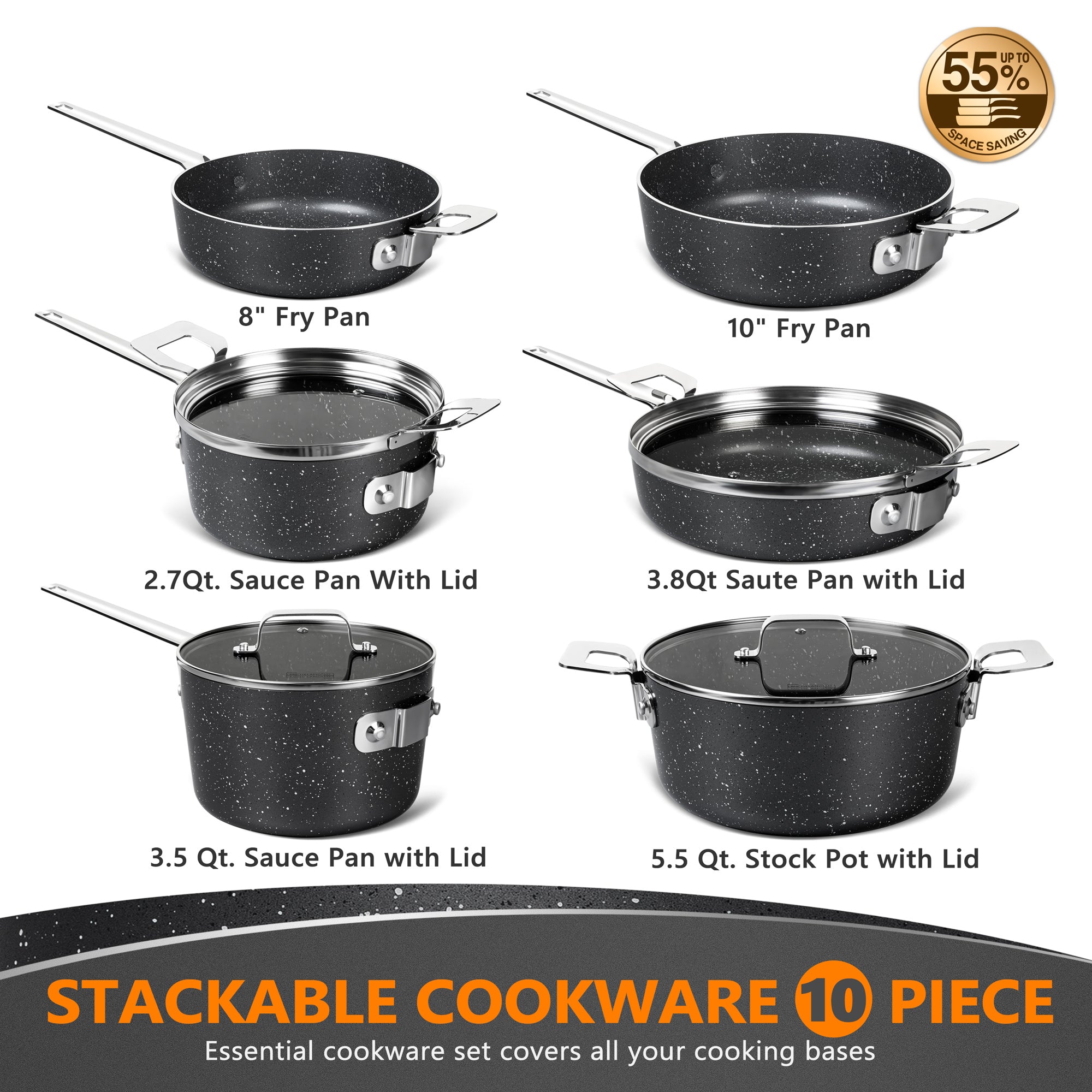 MICHELANGELO Stackable Pots and Pans Set 10 Piece-Gray, Saves 55% More Space