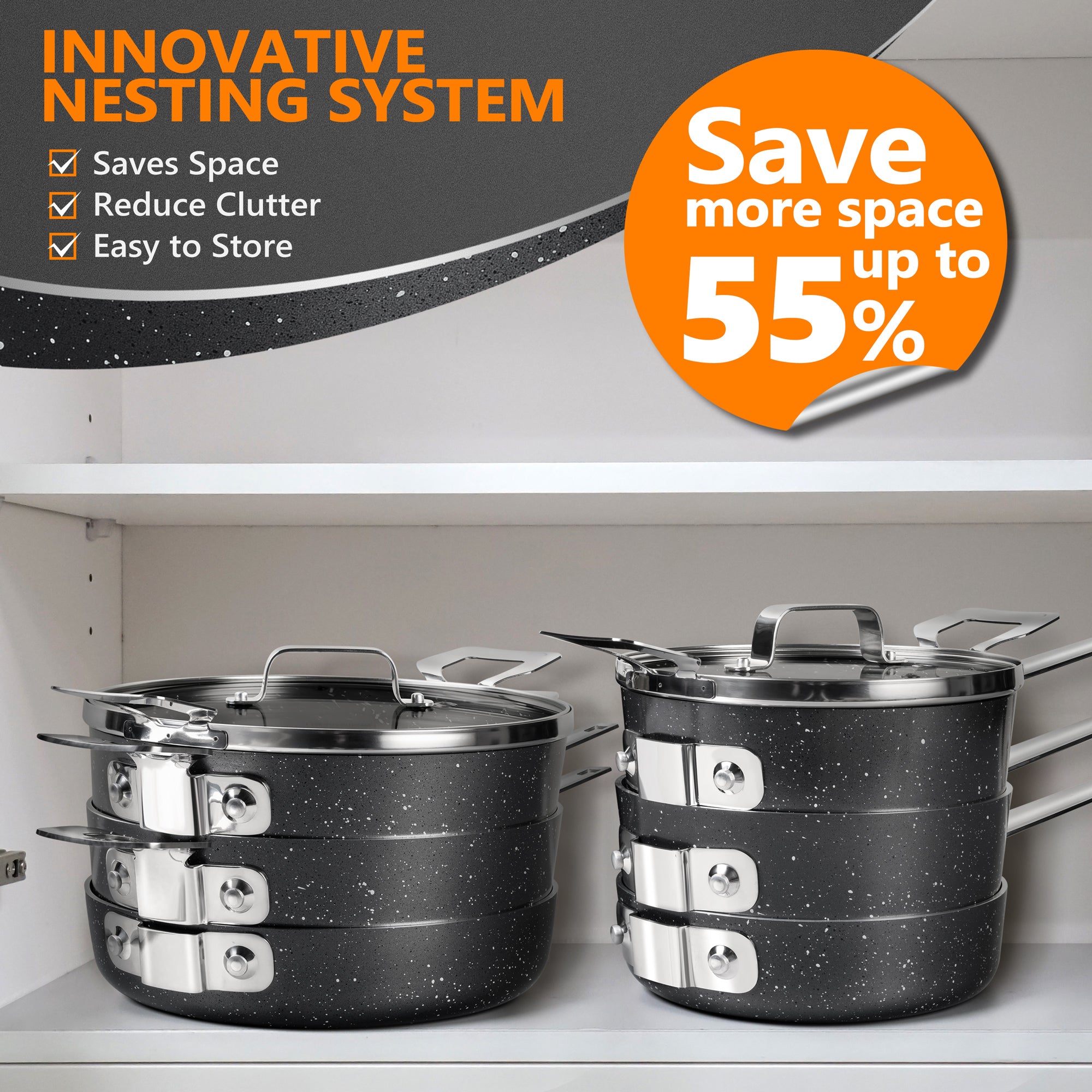 MICHELANGELO Stackable Pots and Pans Set 10 Piece-Gray, Saves 55% More Space