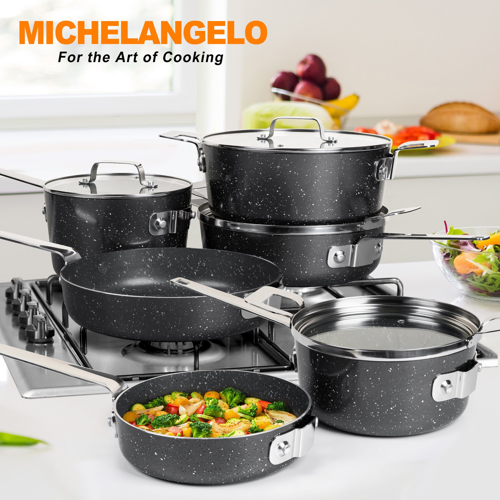 MICHELANGELO Stackable Pots and Pans Set 10 Piece-Gray, Saves 55% More Space