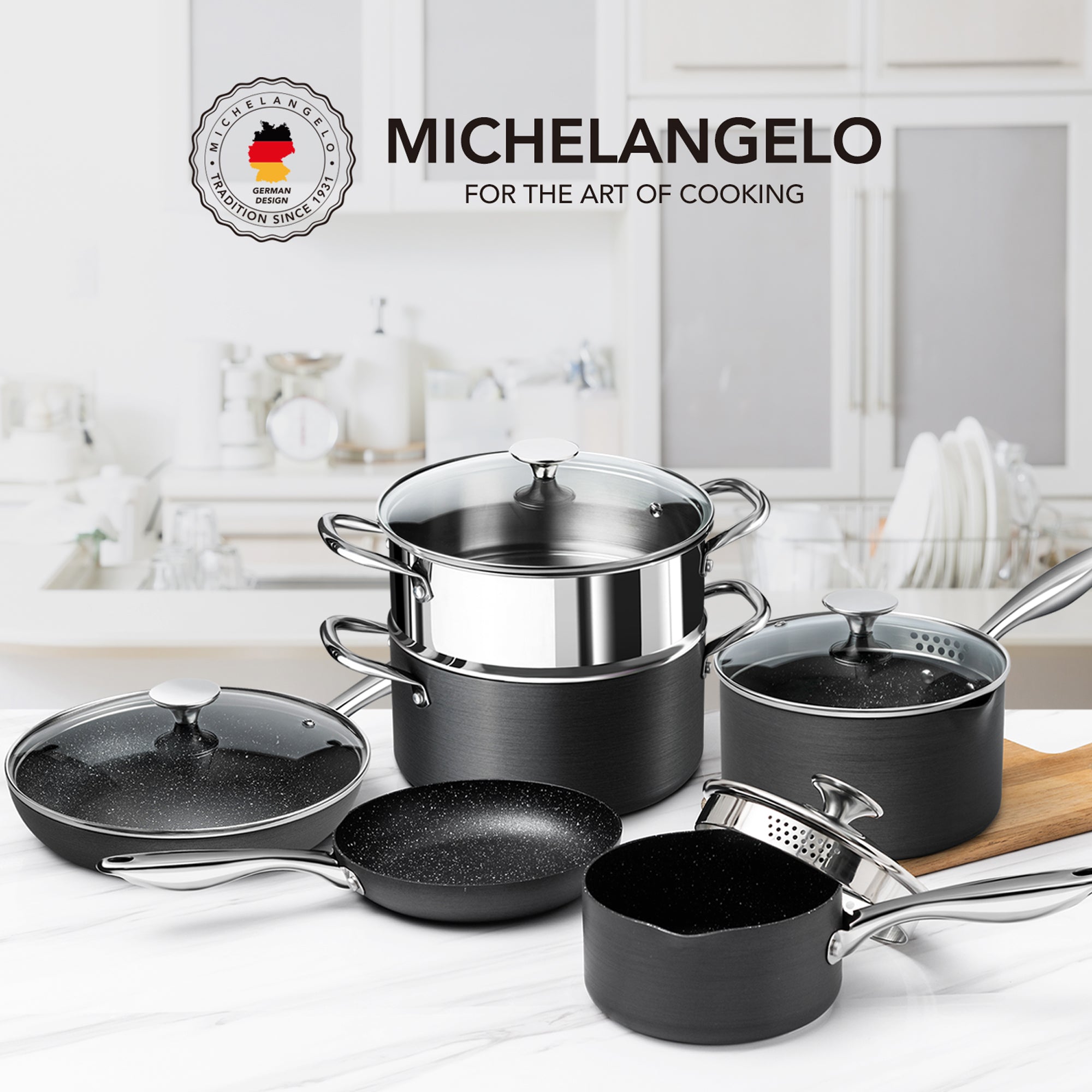 MICHELANGELO Non Stick Pots and Pans Set, 10 Pcs Hard Anodized Cookware Set