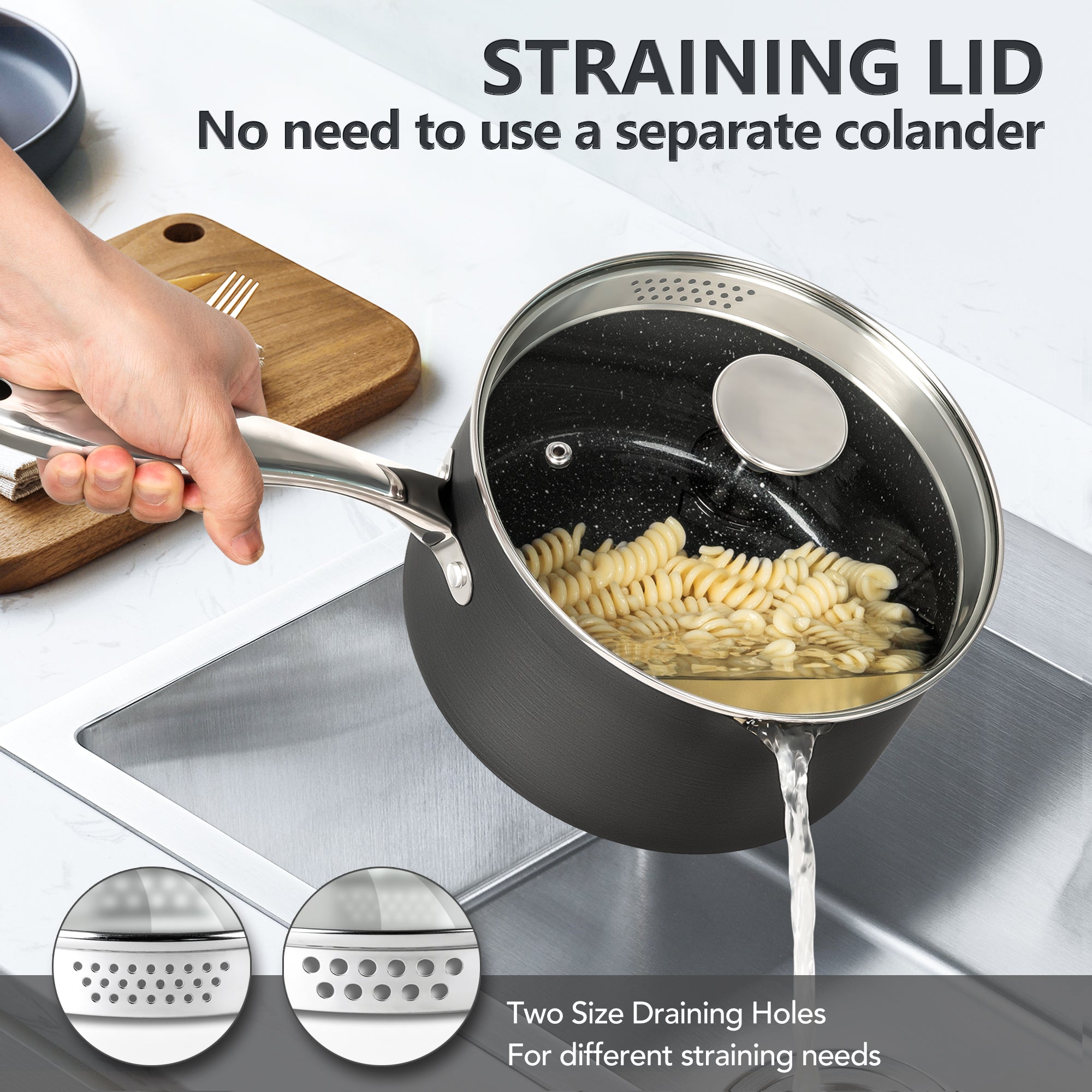 MICHELANGELO 3 Quart Hard Anodized Nonstick Sauce Pan with Strainer Lid & Pour Spouts for Easy Pour