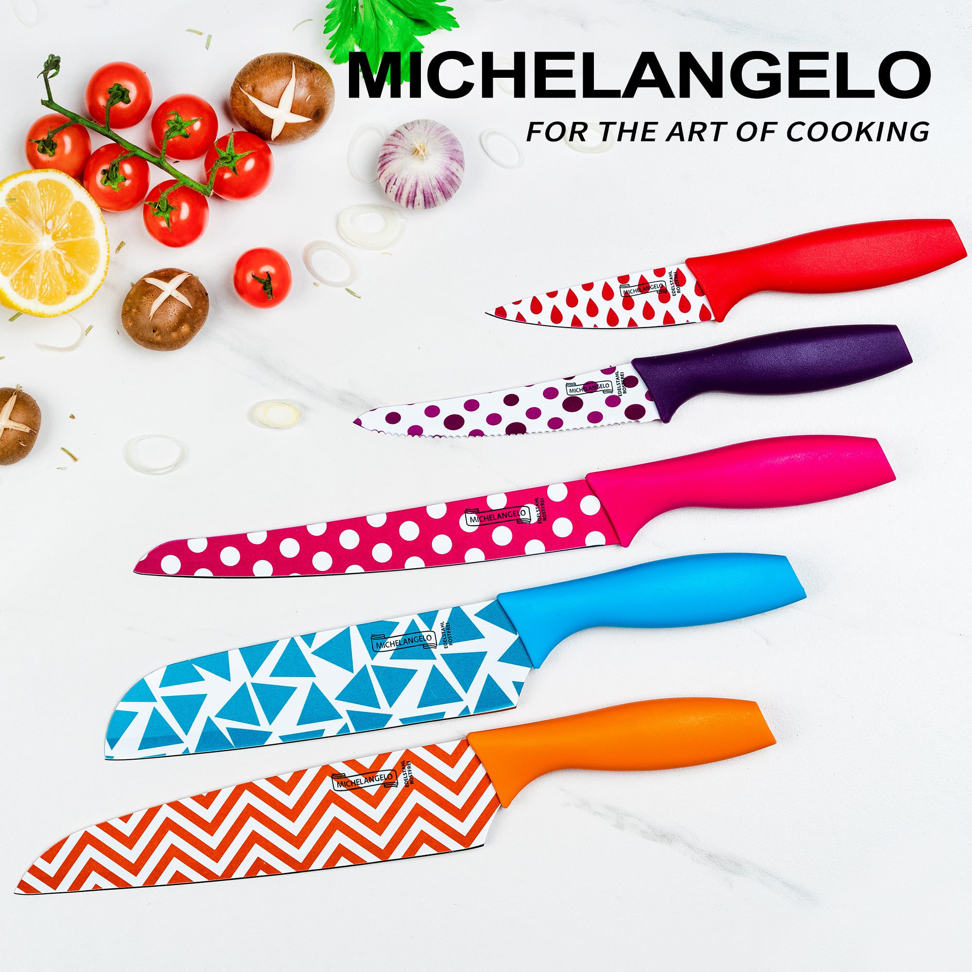 MICHELANGELO Knife Set, Sharp 10-Piece , 5 Rainbow Knives & 5 Sheath Covers-NEW