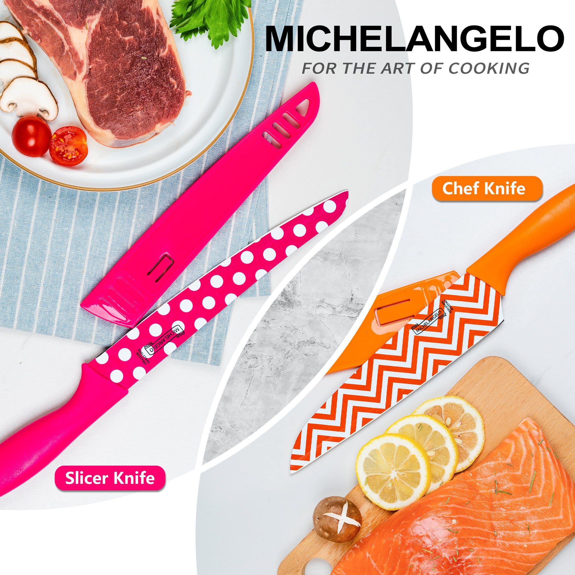 MICHELANGELO Knife Set, Sharp 10-Piece , 5 Rainbow Knives & 5 Sheath Covers-NEW