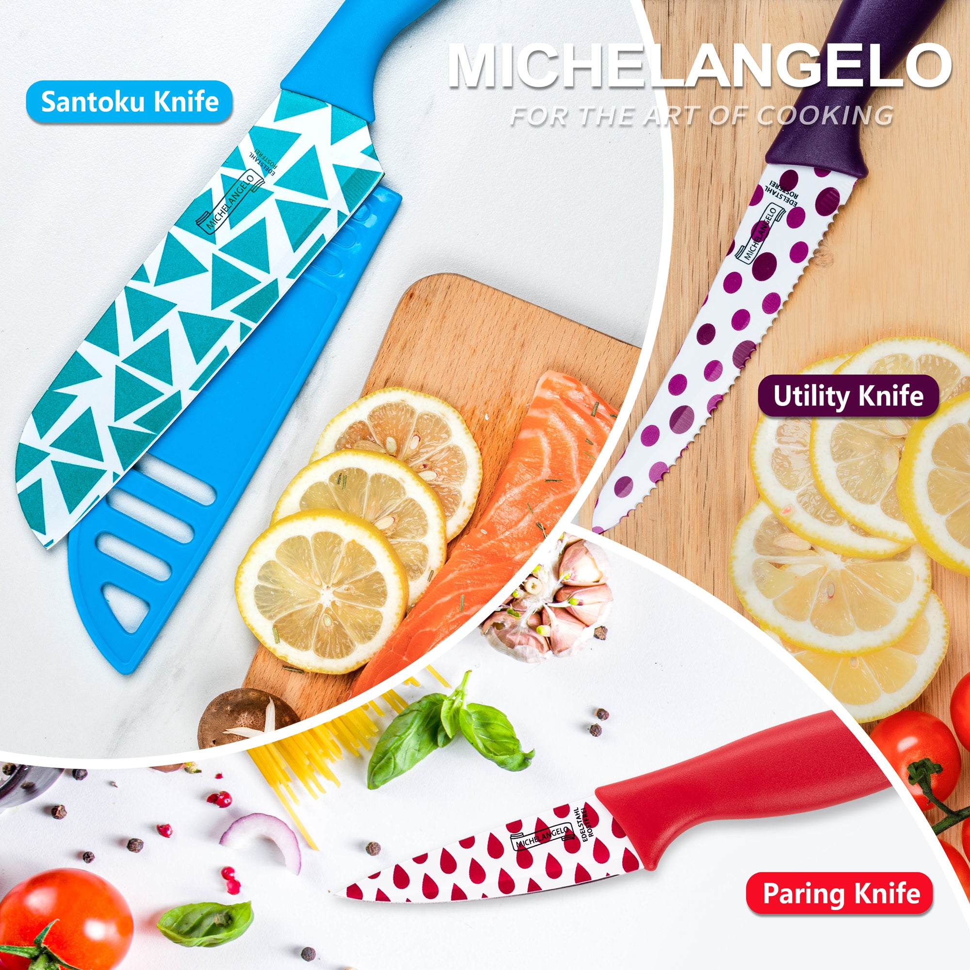 MICHELANGELO Knife Set, Sharp 10-Piece , 5 Rainbow Knives & 5 Sheath Covers-NEW