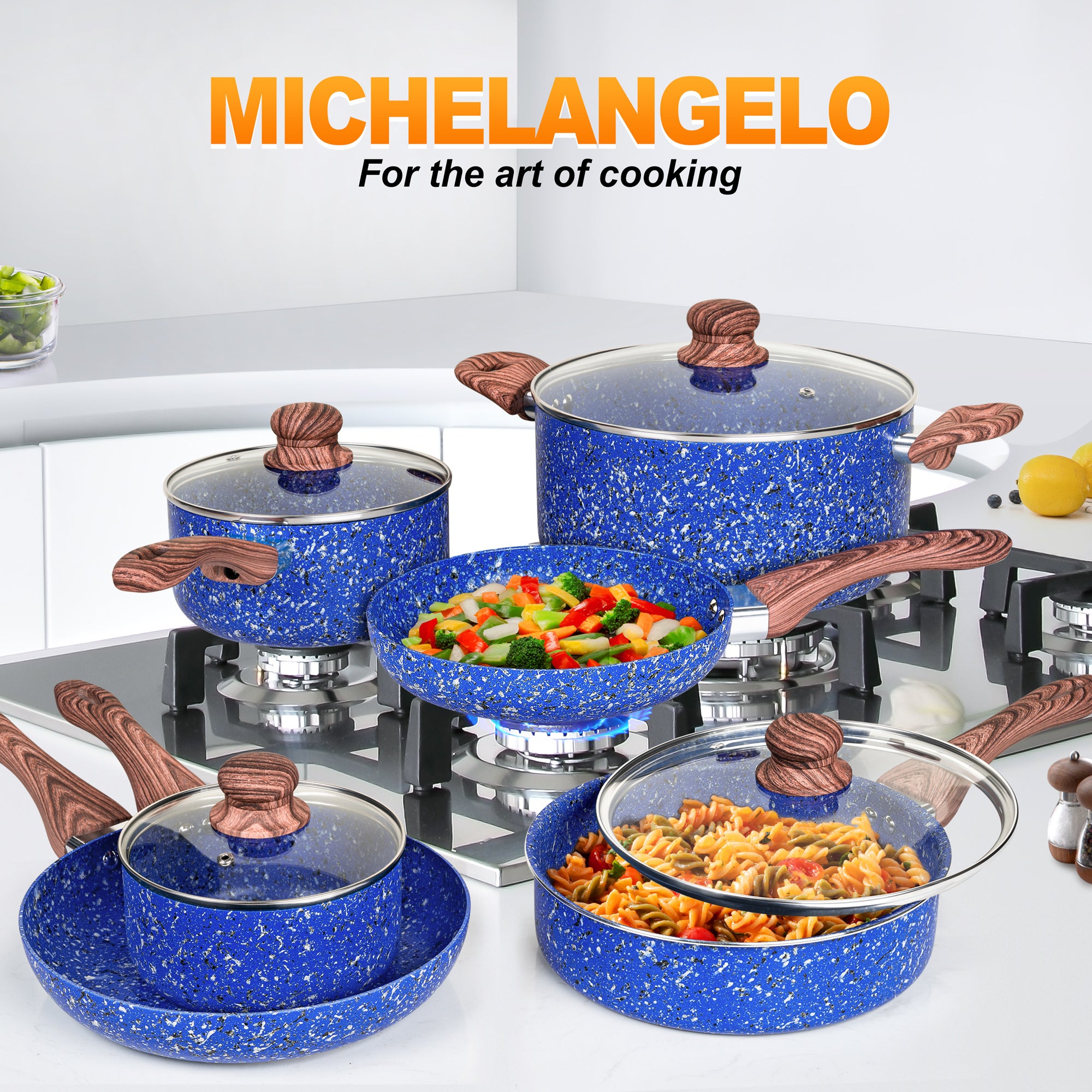 MICHELANGELO Pots and Pans Set 15 Piece with with Non- toxic Stone-Derived Interior