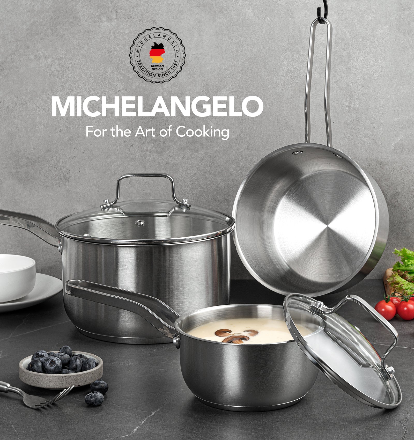 MICHELANGELO Stainless Steel Saucepan with Lid & Pour Spout 1QT & 2QT & 3QT