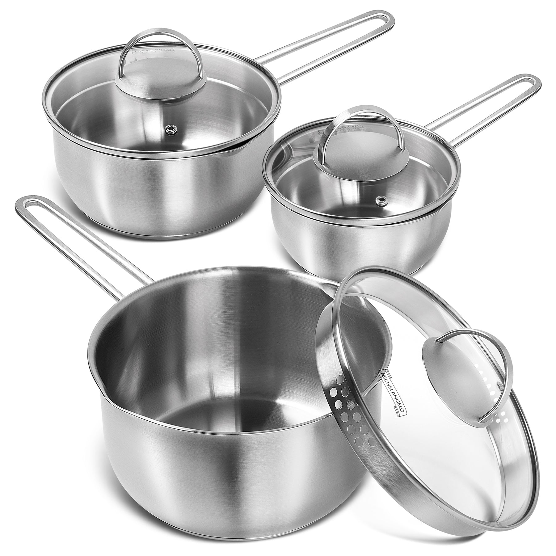 MICHELANGELO Stainless Steel Saucepan with Lid & Pour Spout 1QT & 2QT & 3QT