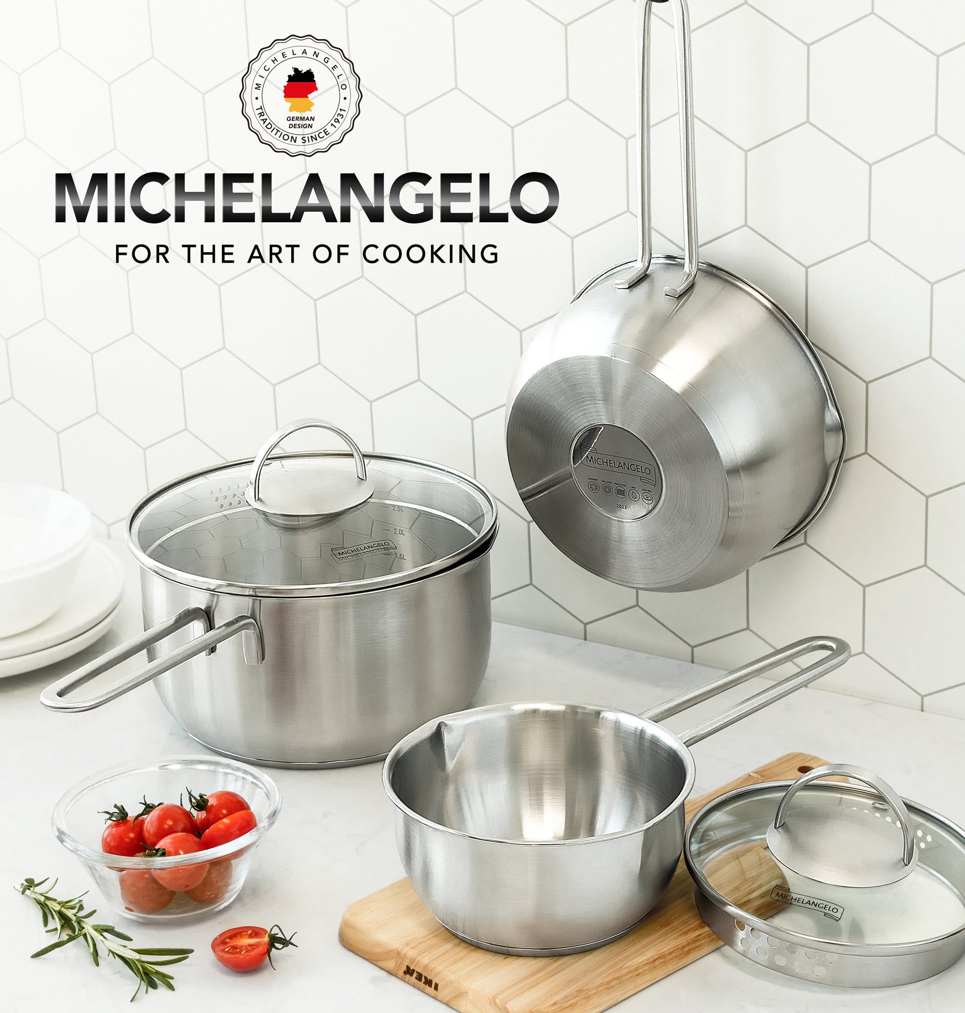 MICHELANGELO Stainless Steel Saucepan with Lid & Pour Spout 1QT & 2QT & 3QT