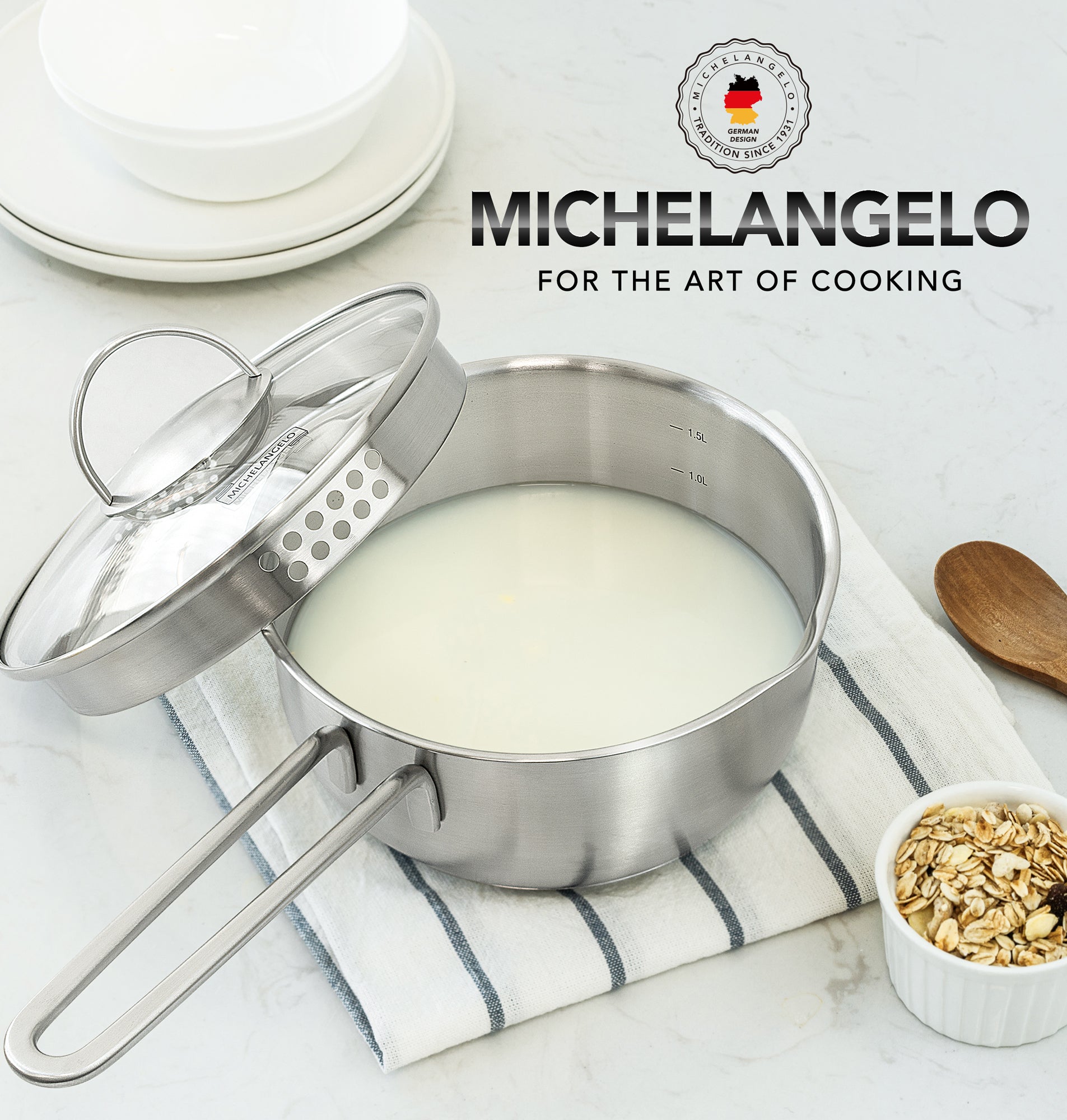 MICHELANGELO Stainless Steel Saucepan Set 1QT & 2QT, Sauce Pan with Lid & Pour Spout