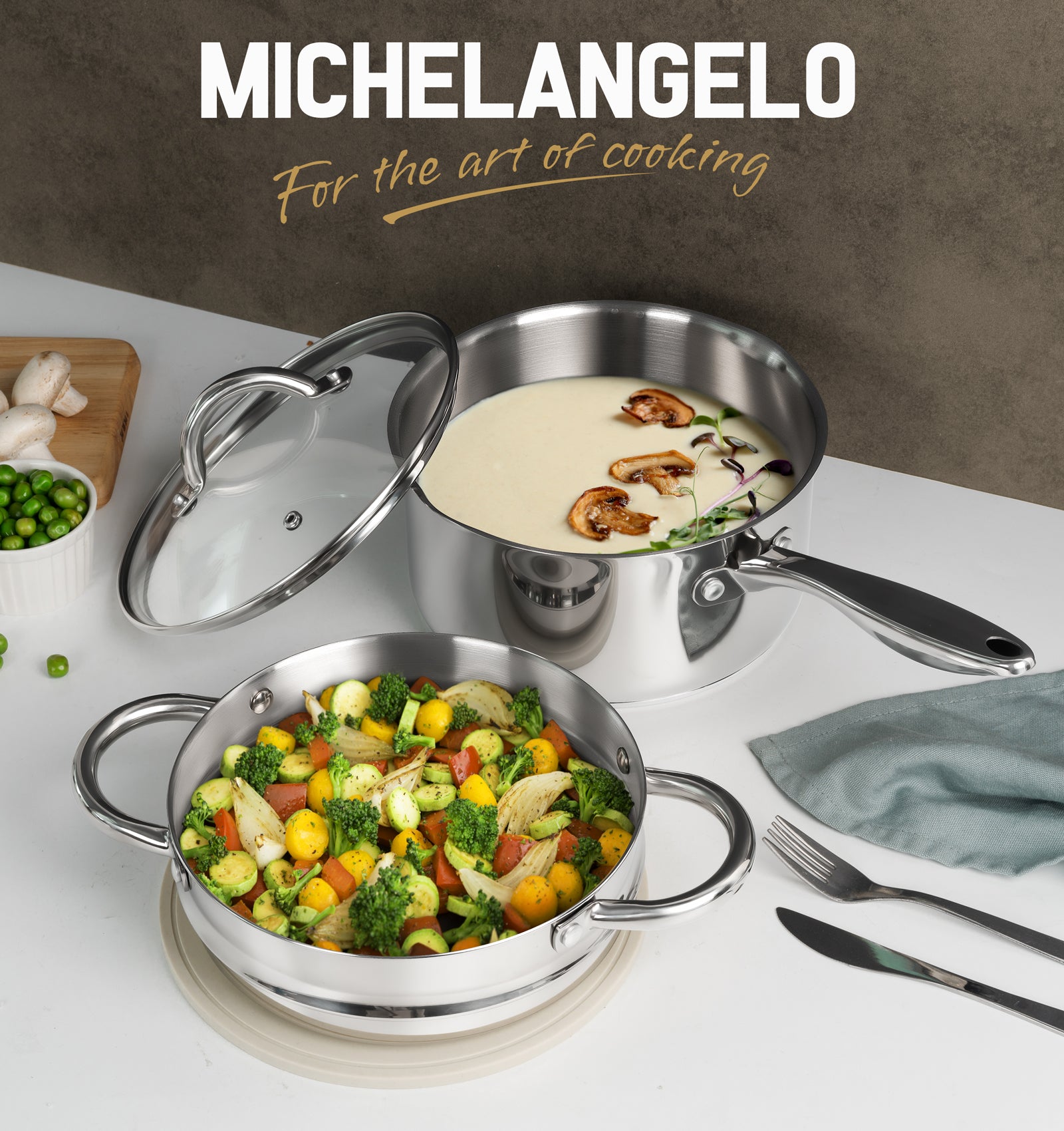 MICHELANGELO Stainless Steel Sauce Pan with Lid, 3 Quart Sauce Pan with Steamer Insert