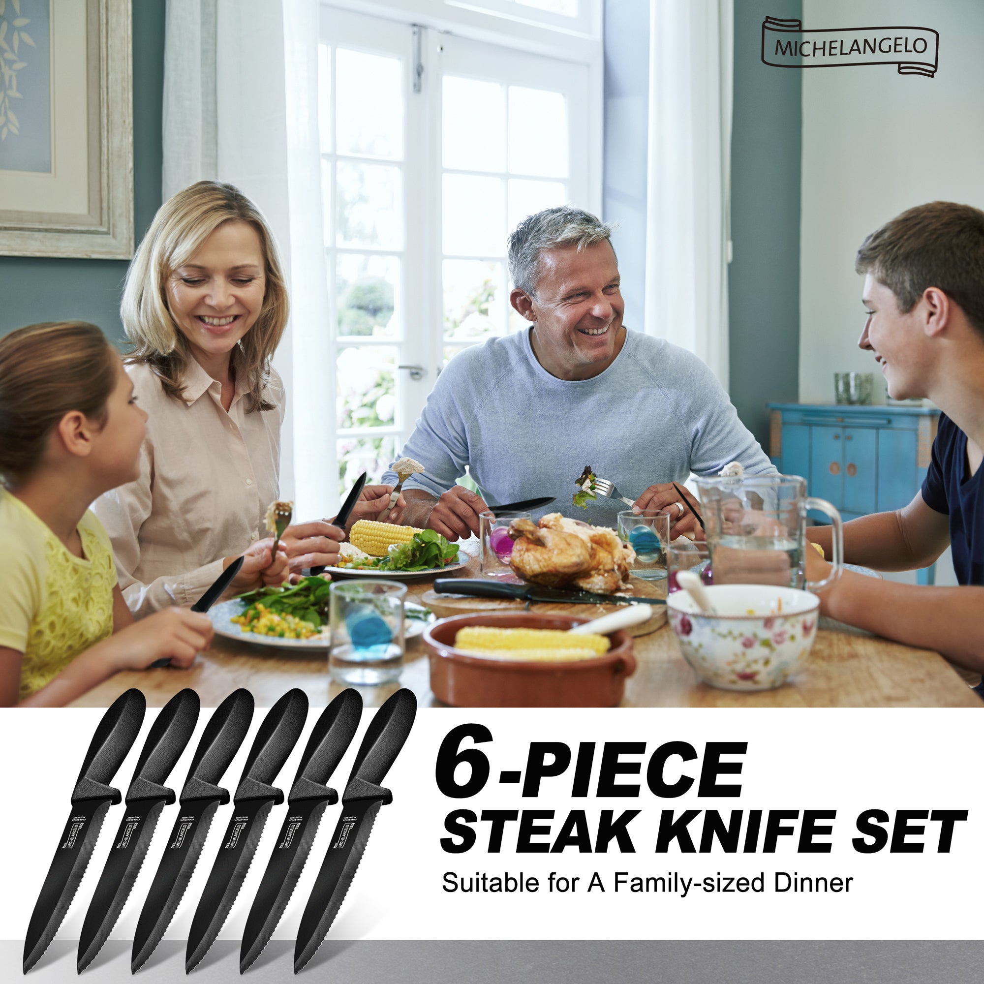 MICHELANGELO Steak Knives, 6-Piece Steak Knife Set with Sharp Serrated Blade